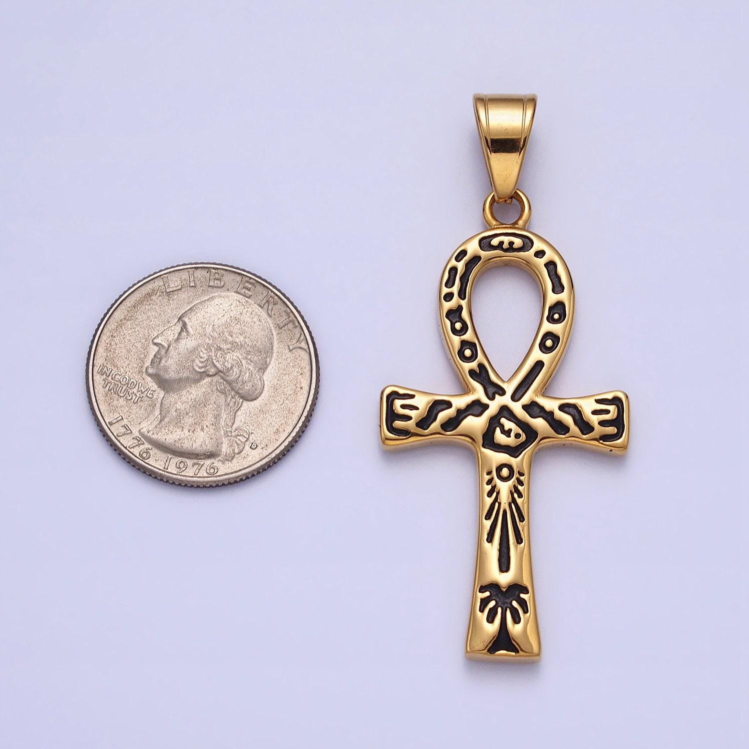 Large ankh gold cross pendant, egyptian charm statement religious tribal jewelry findings j785