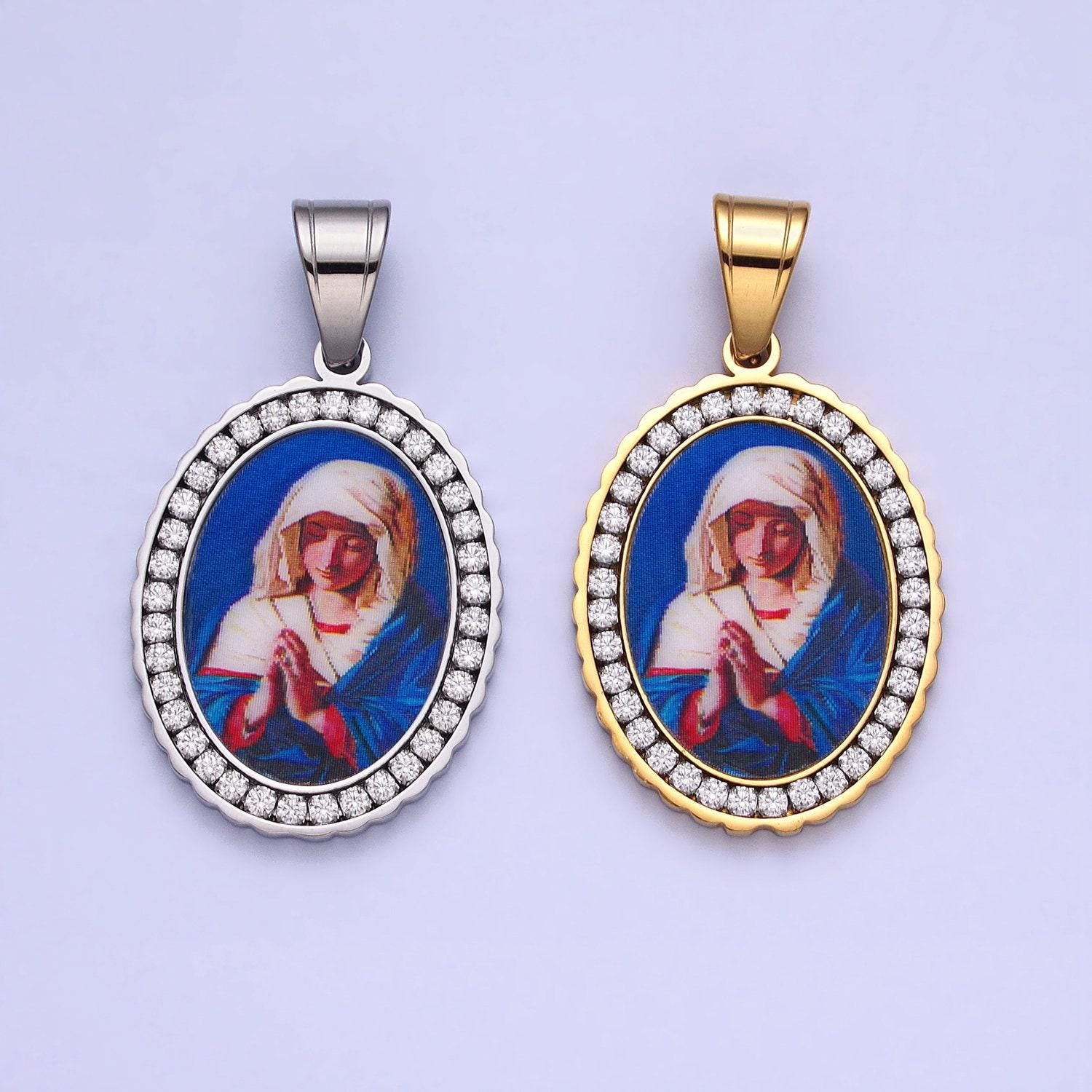 Cz stainless steel gold our lady of guadalupe charm virgin mary necklace pendant catholic religious jewelry making supply j780