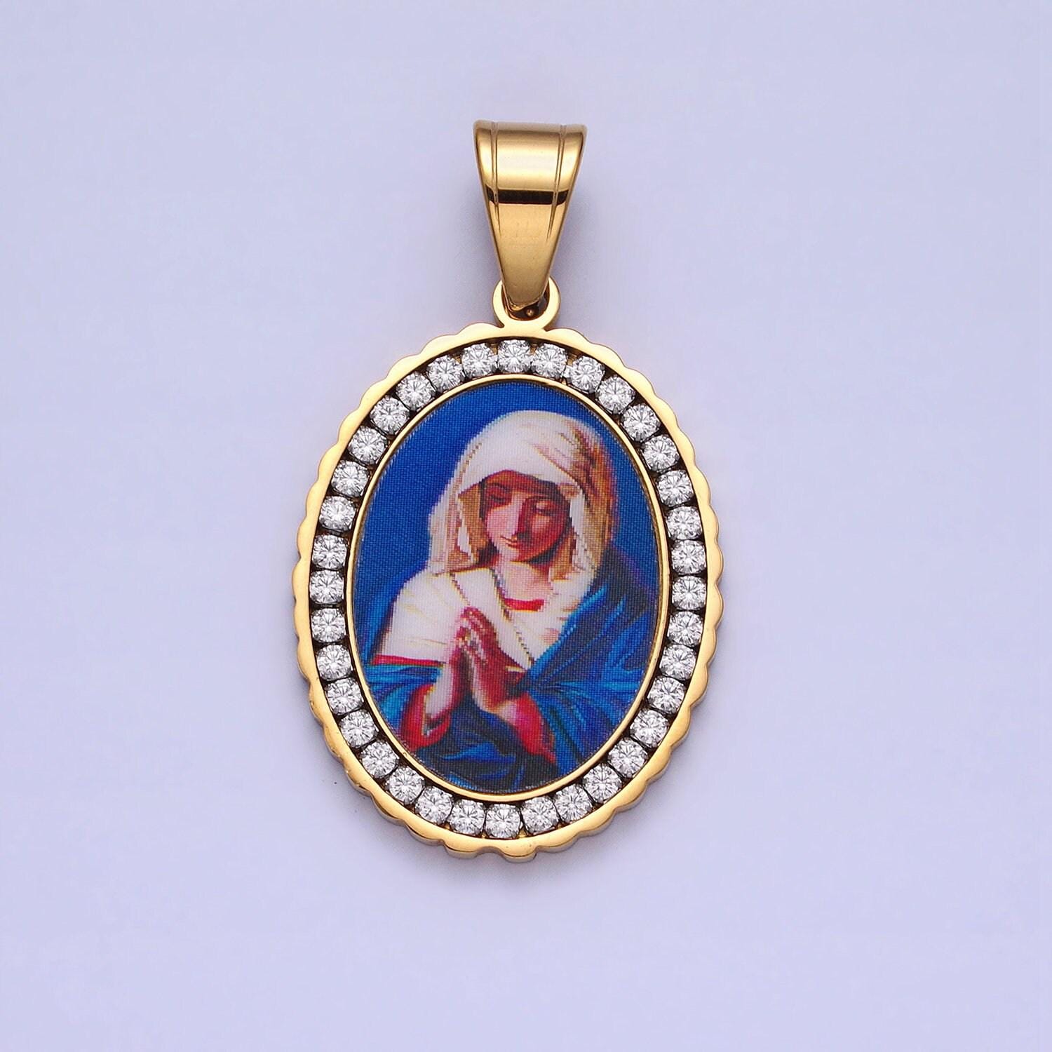 Cz stainless steel gold our lady of guadalupe charm virgin mary necklace pendant catholic religious jewelry making supply j780
