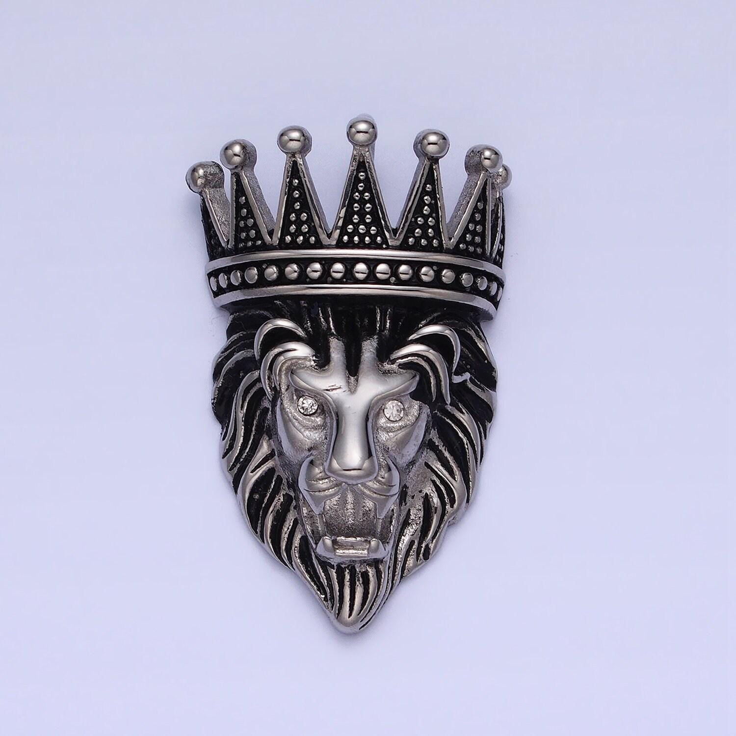 Stainless steel lion with crown pendant, heavy bold statement lion king head pendant, leo horoscope necklace charm hip hop j761