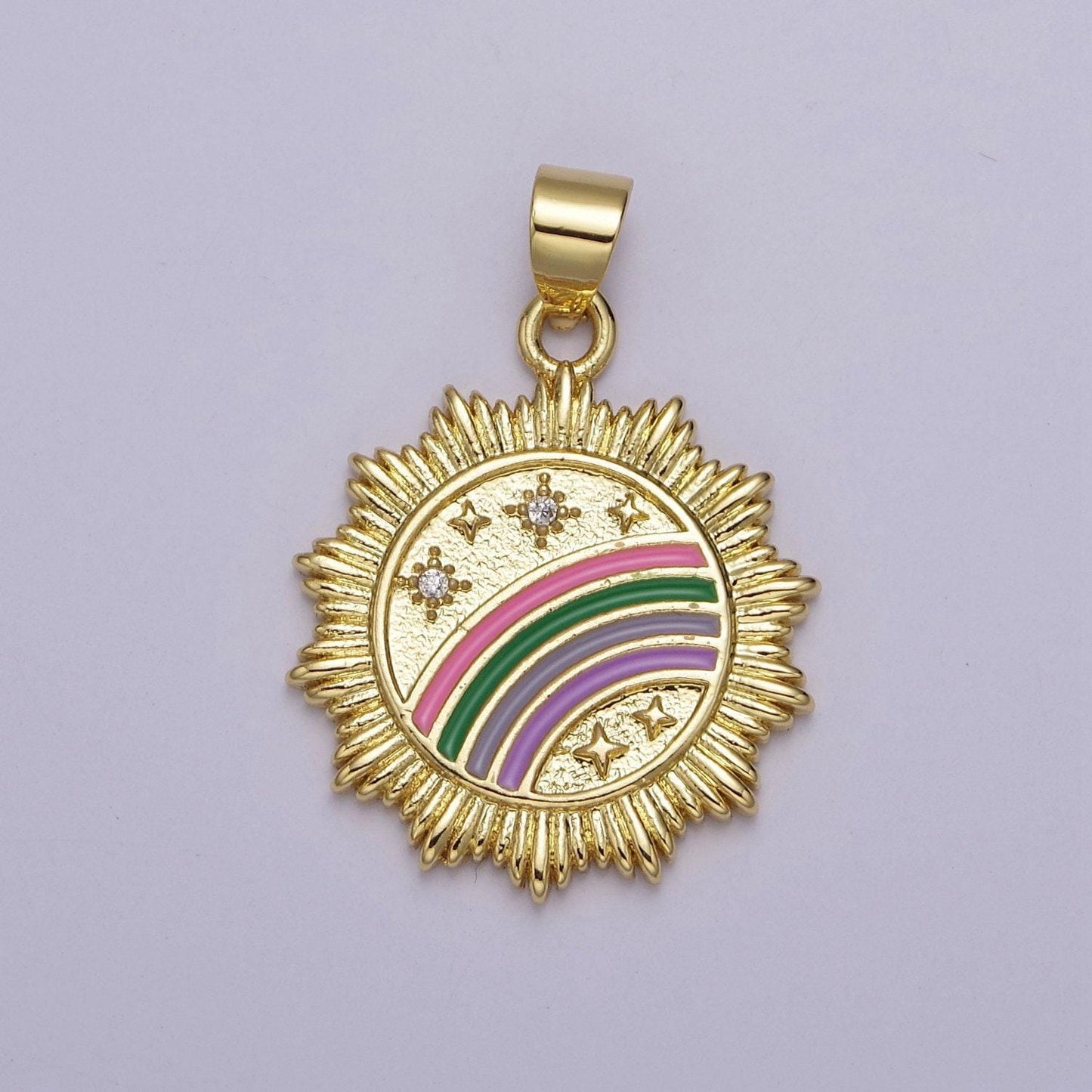 Gold enamel rainbow medallion pendant with sunburst cubic zirconia celestial stars jewelry for necklace earring making, j-753