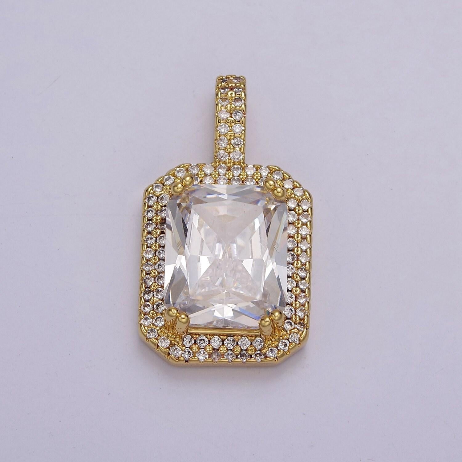 Cubic blue, black, green, pink, red 24k gold filled solitaire micro pave pendant, large emerald diamond square cz stone pendant j-238~j-242