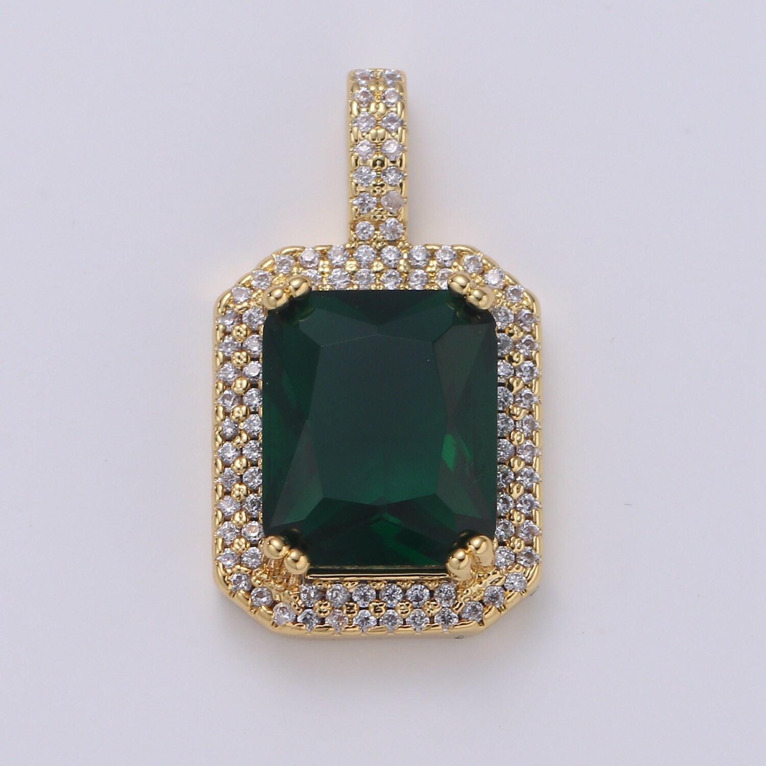 Cubic blue, black, green, pink, red 24k gold filled solitaire micro pave pendant, large emerald diamond square cz stone pendant j-238~j-242