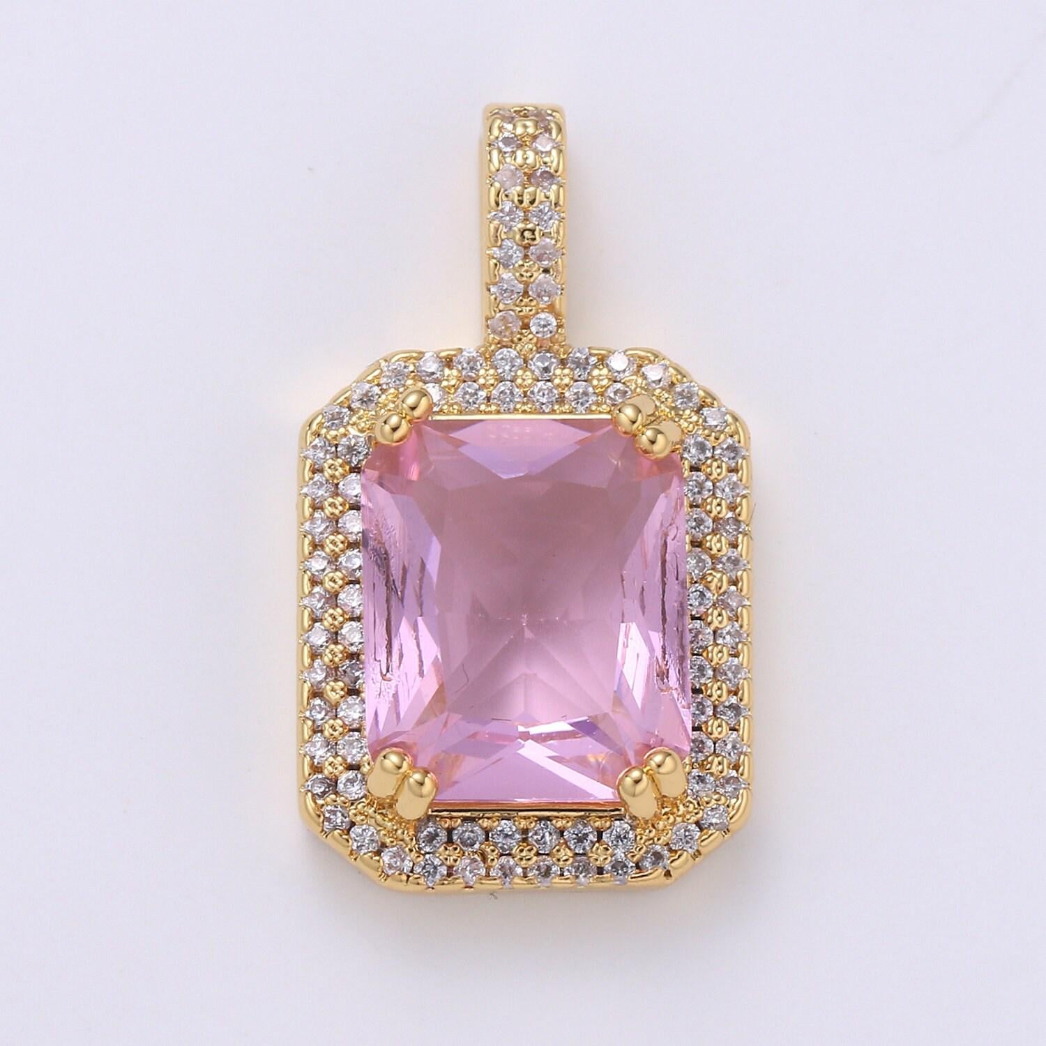 Cubic blue, black, green, pink, red 24k gold filled solitaire micro pave pendant, large emerald diamond square cz stone pendant j-238~j-242