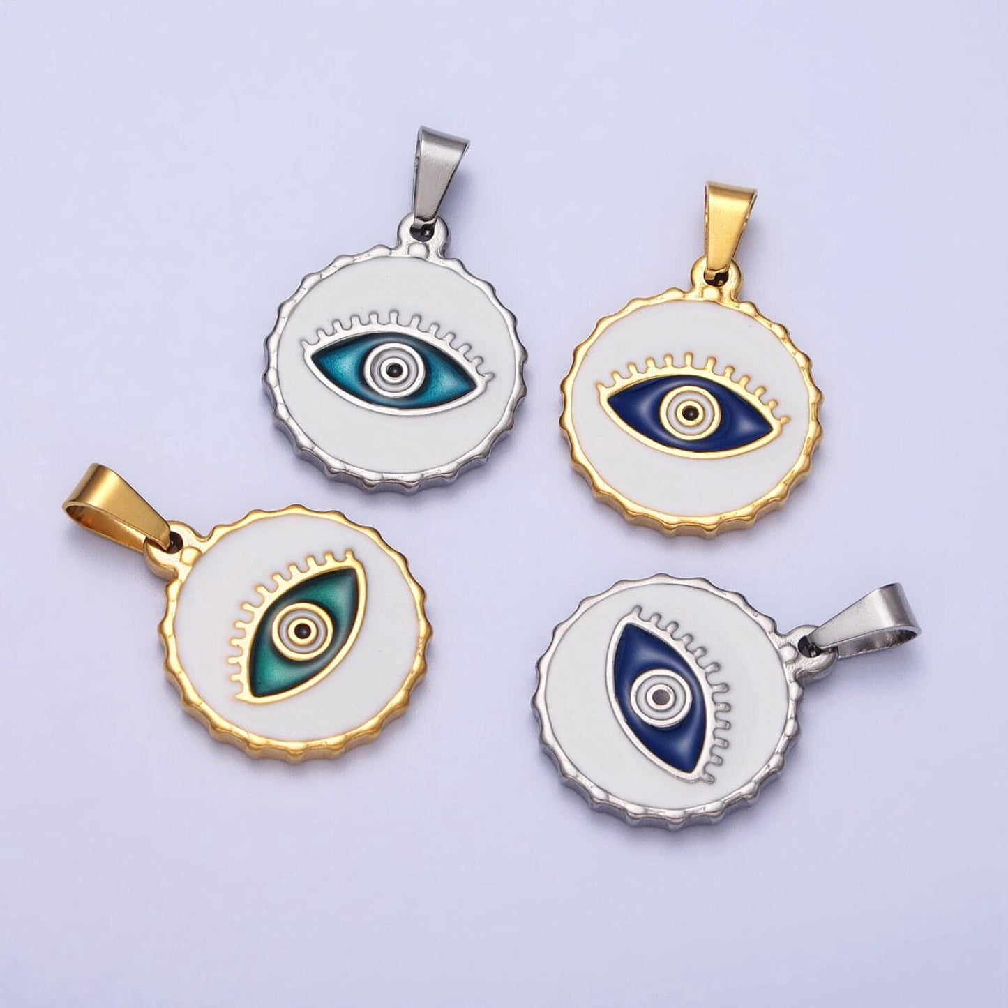 Stainless steel green, blue evil eye white enamel round textured pendant in gold & silver | j683 j686 j689 j698