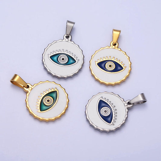 Stainless steel green, blue evil eye white enamel round textured pendant in gold & silver | j683 j686 j689 j698