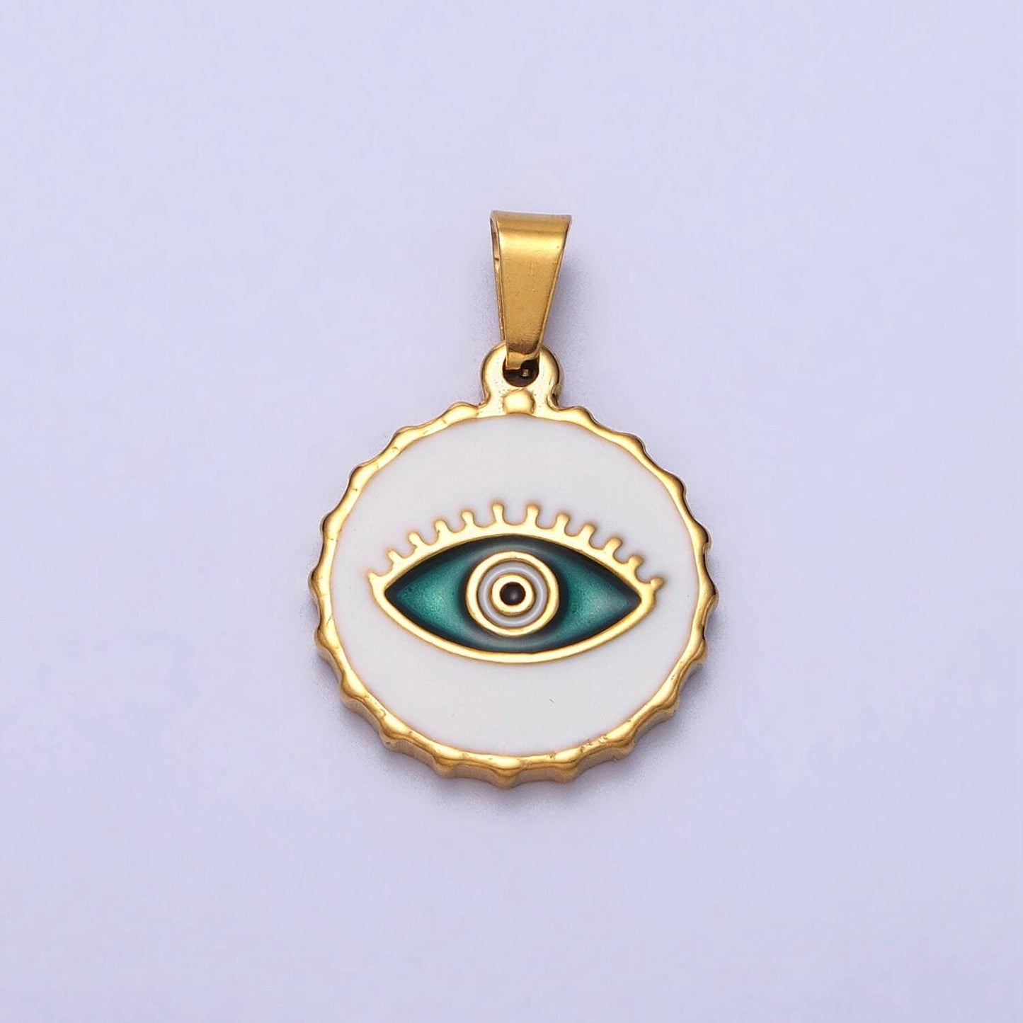 Stainless steel green, blue evil eye white enamel round textured pendant in gold & silver | j683 j686 j689 j698