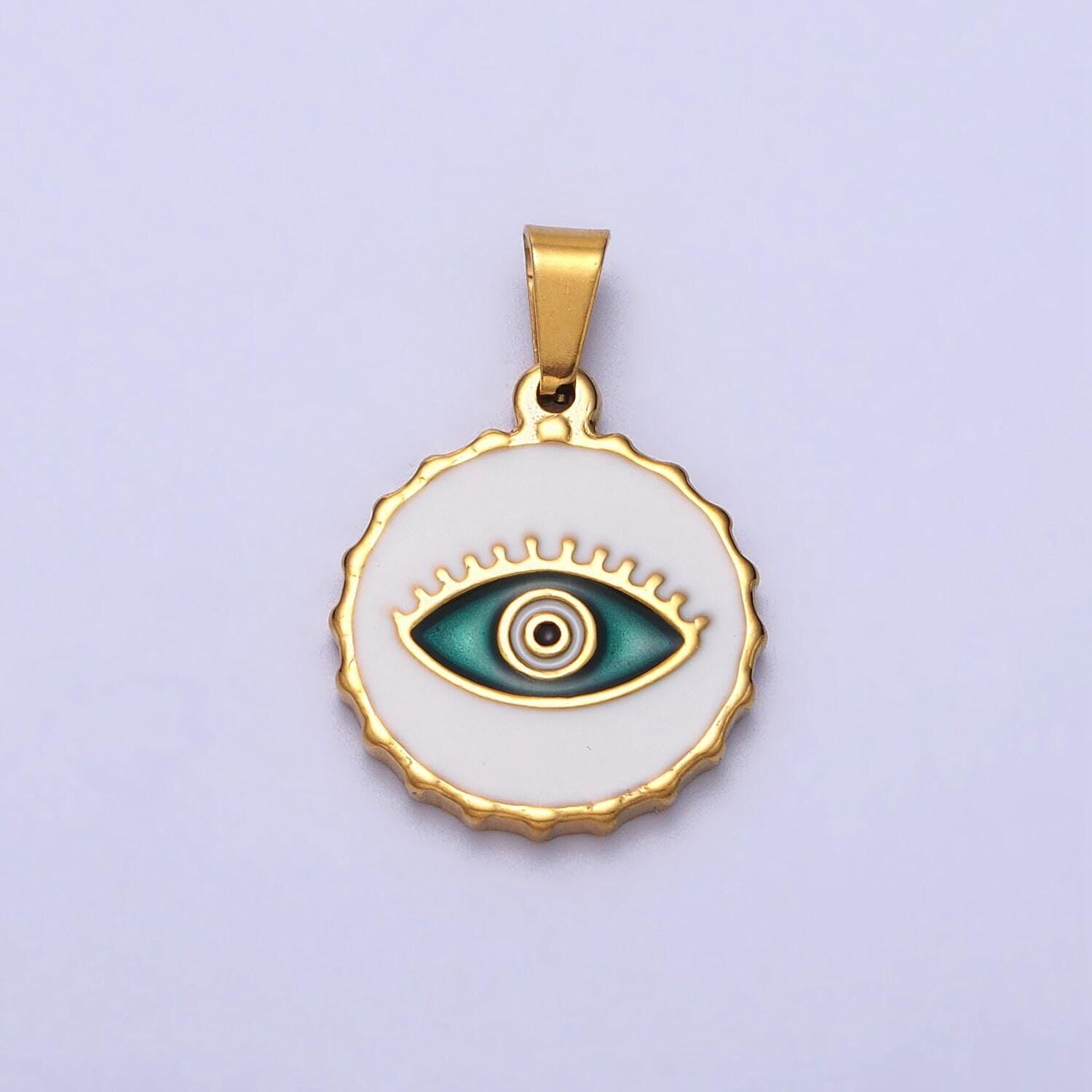 Stainless steel green, blue evil eye white enamel round textured pendant in gold & silver | j683 j686 j689 j698