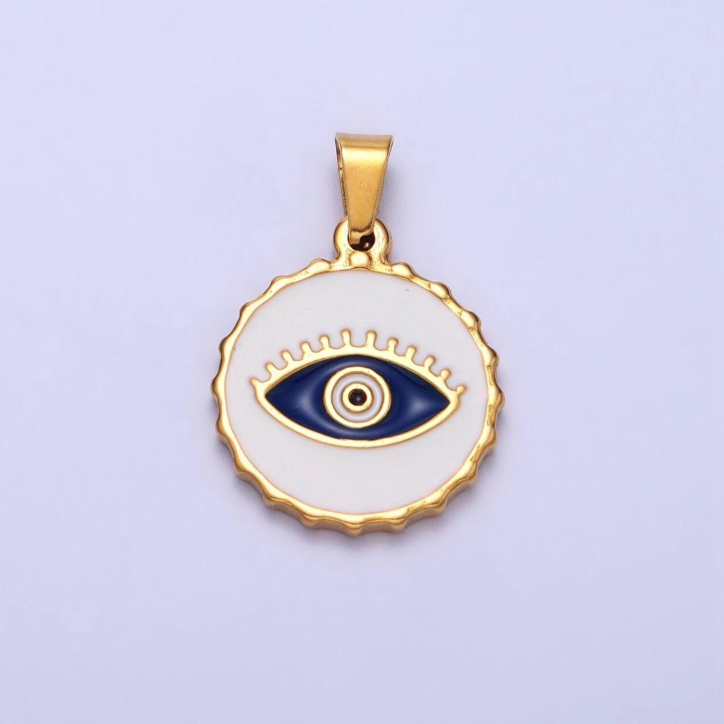 Stainless steel green, blue evil eye white enamel round textured pendant in gold & silver | j683 j686 j689 j698