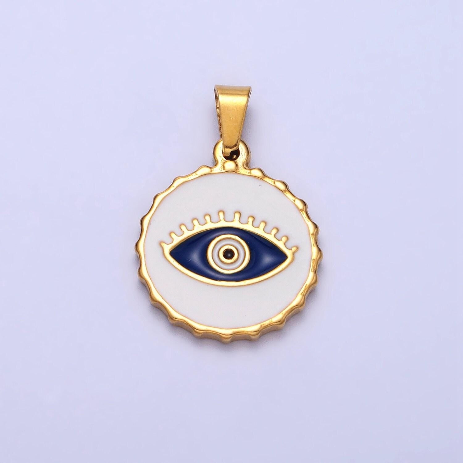 Stainless steel green, blue evil eye white enamel round textured pendant in gold & silver | j683 j686 j689 j698