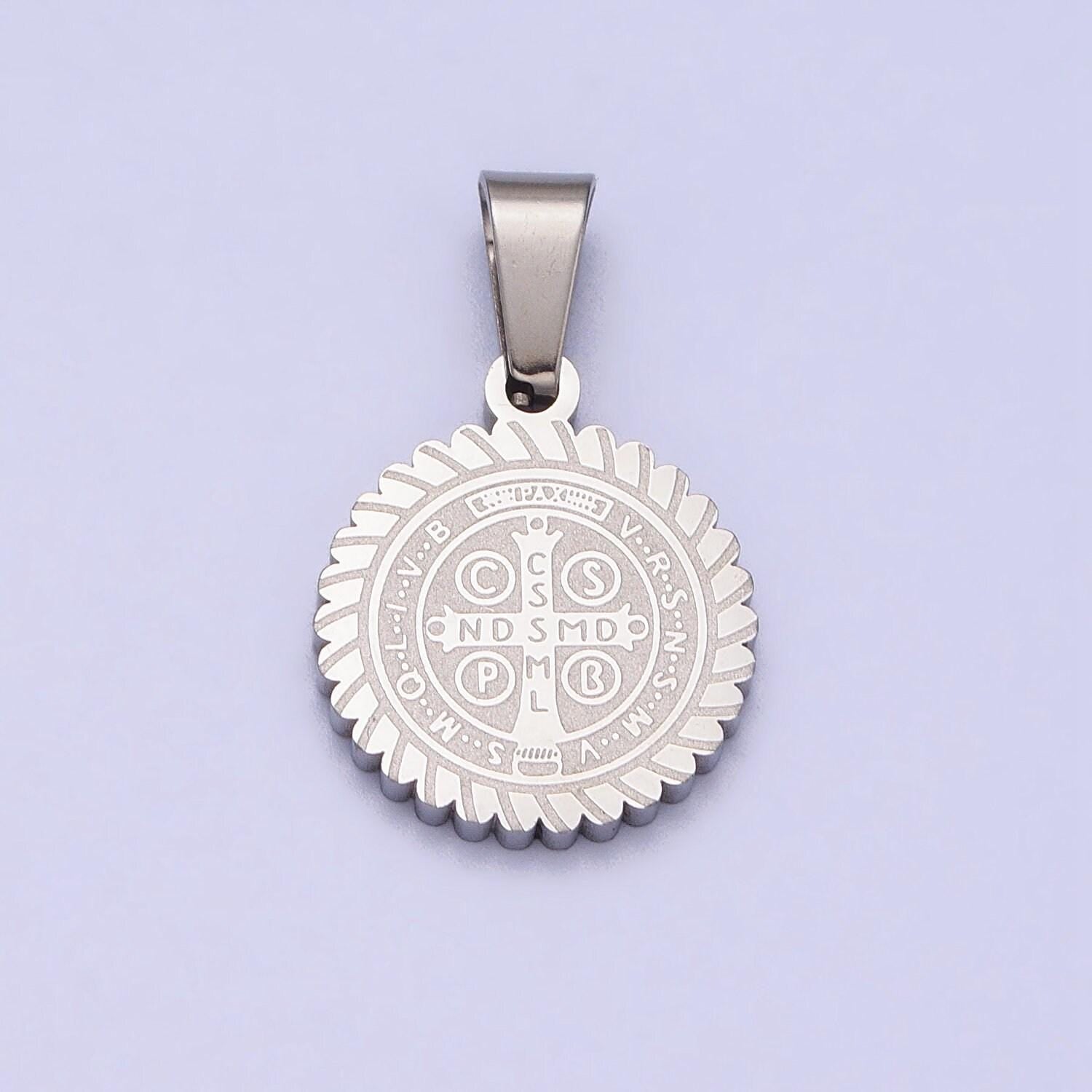 Dainty st benedict medal stainless steel gold religious pendant men women, saint benedict pendant charm double sided j664