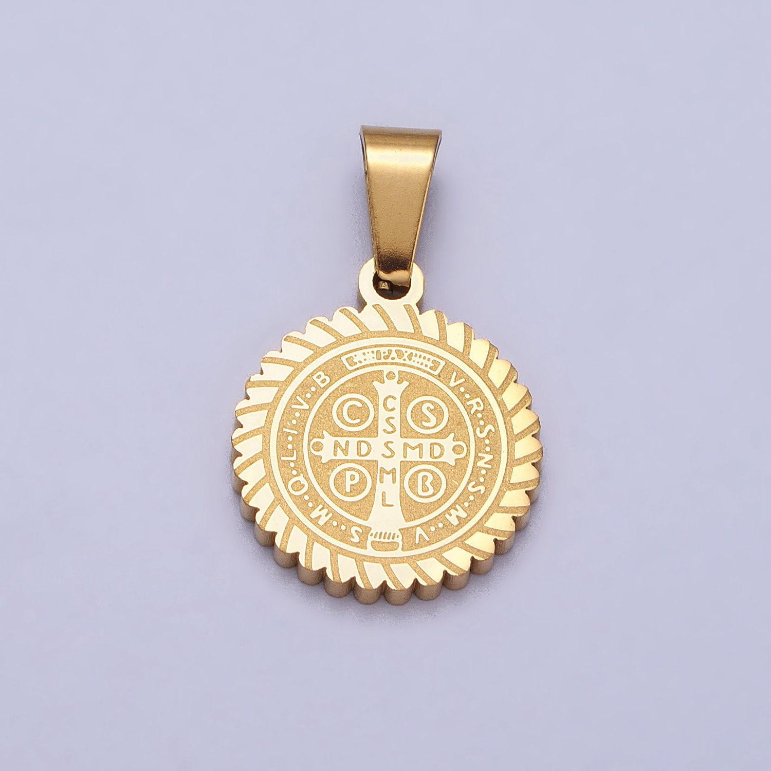 Dainty st benedict medal stainless steel gold religious pendant men women, saint benedict pendant charm double sided j664