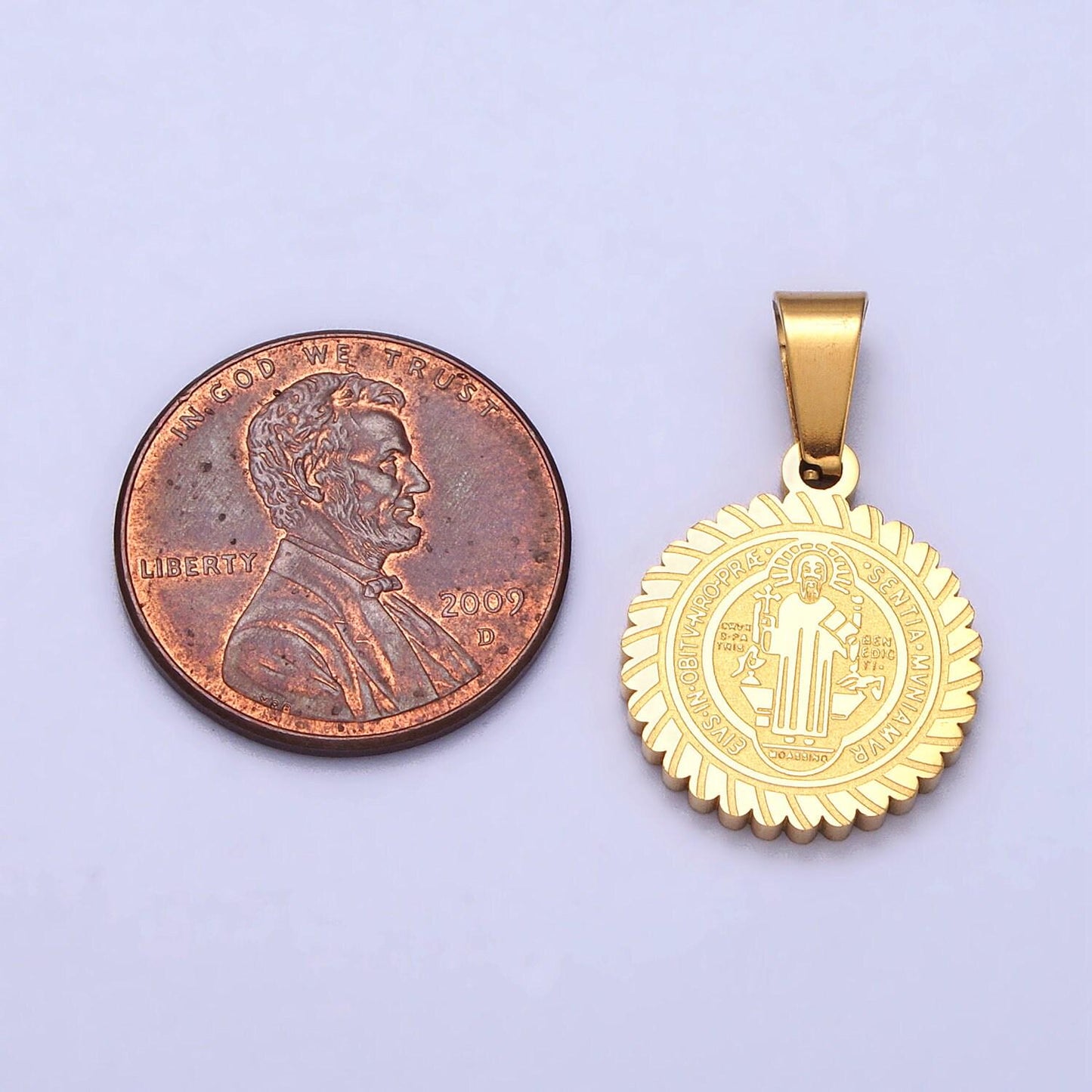 Dainty st benedict medal stainless steel gold religious pendant men women, saint benedict pendant charm double sided j664