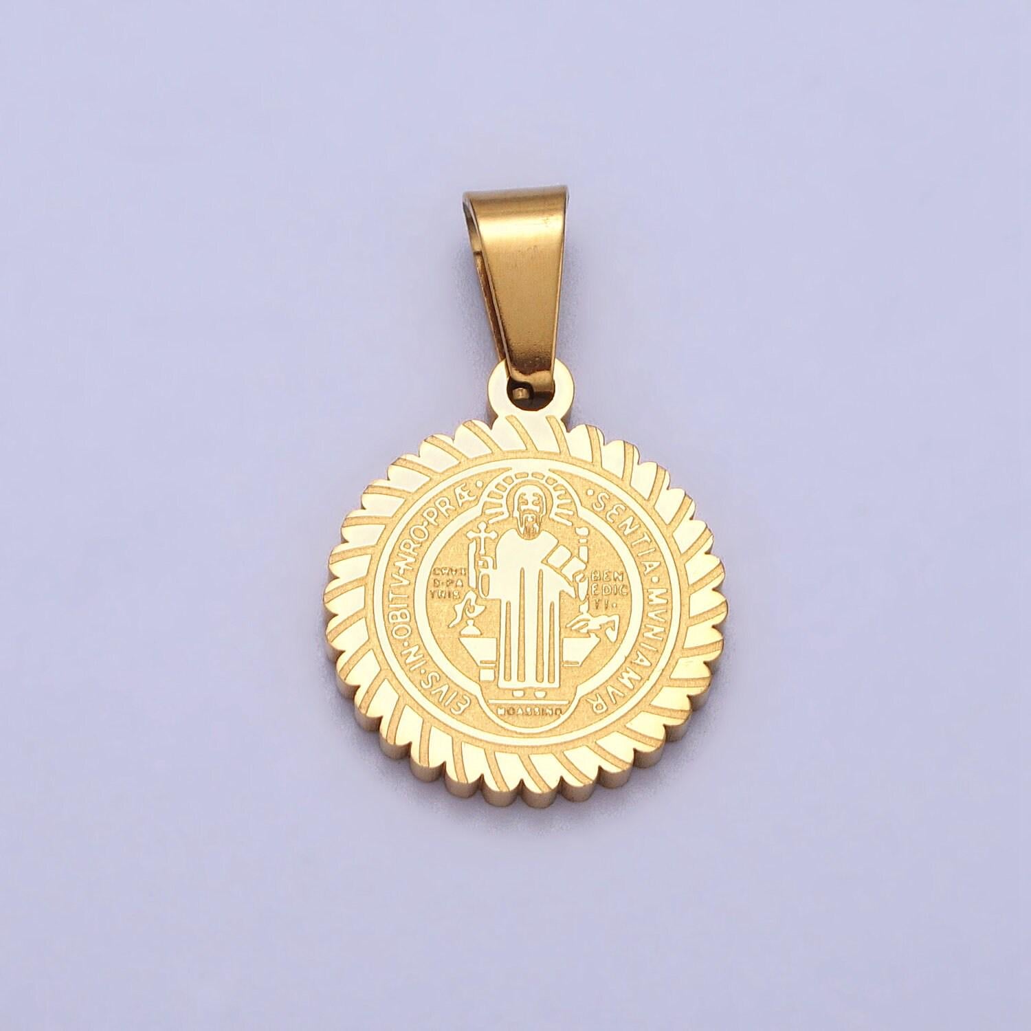 Dainty st benedict medal stainless steel gold religious pendant men women, saint benedict pendant charm double sided j664