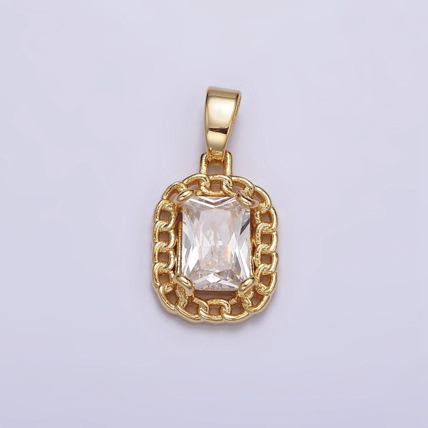 Dainty clear cubic zirconia emerald cut stone pendant tag charm with curb link frame j611