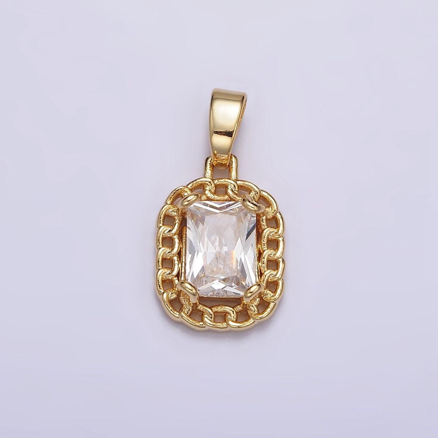 Dainty clear cubic zirconia emerald cut stone pendant tag charm with curb link frame j611