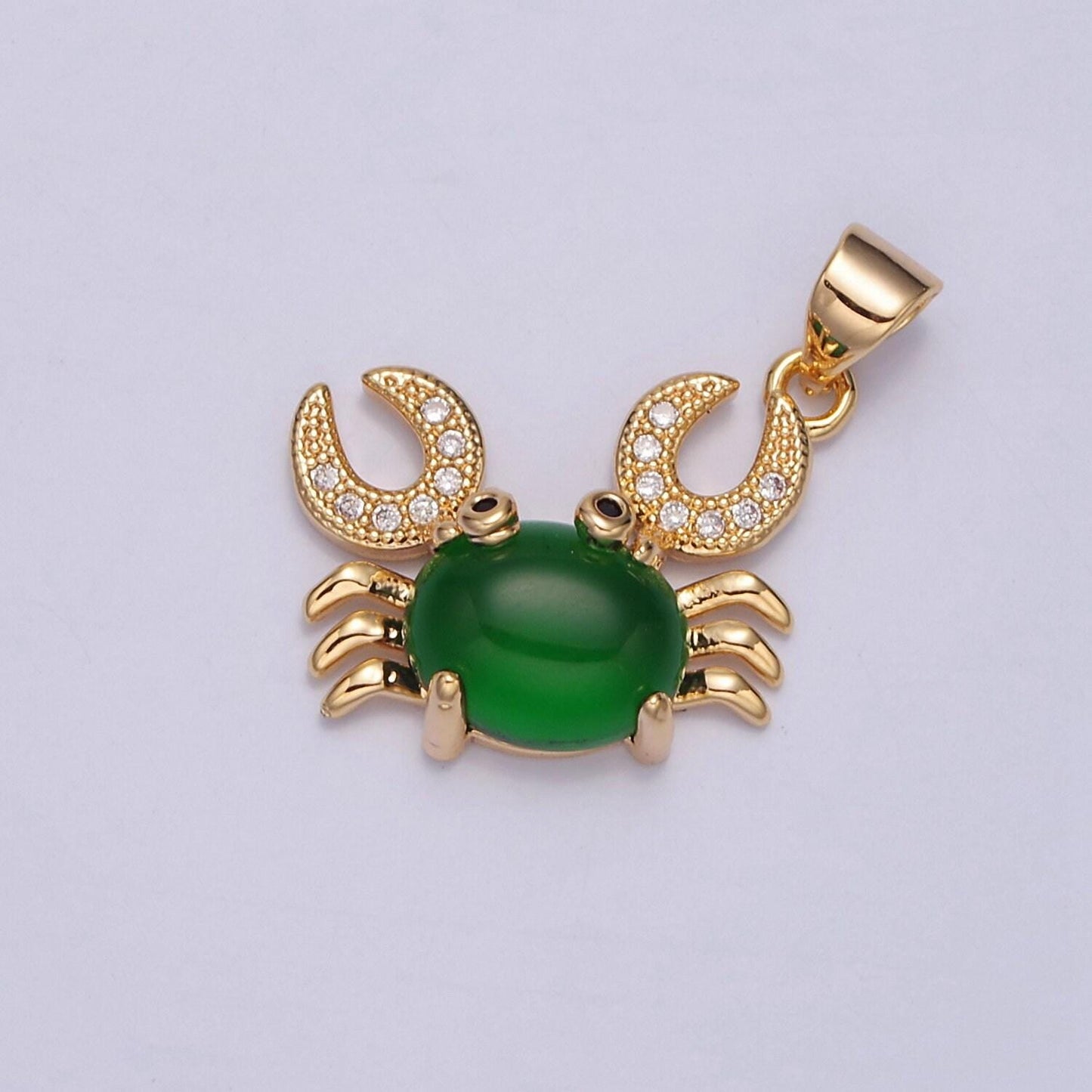 24k gold filled crab pendant, micro pave crab claws & oval green stone, sea wildlife crustaceans pendant for diy jewelry making, j-599