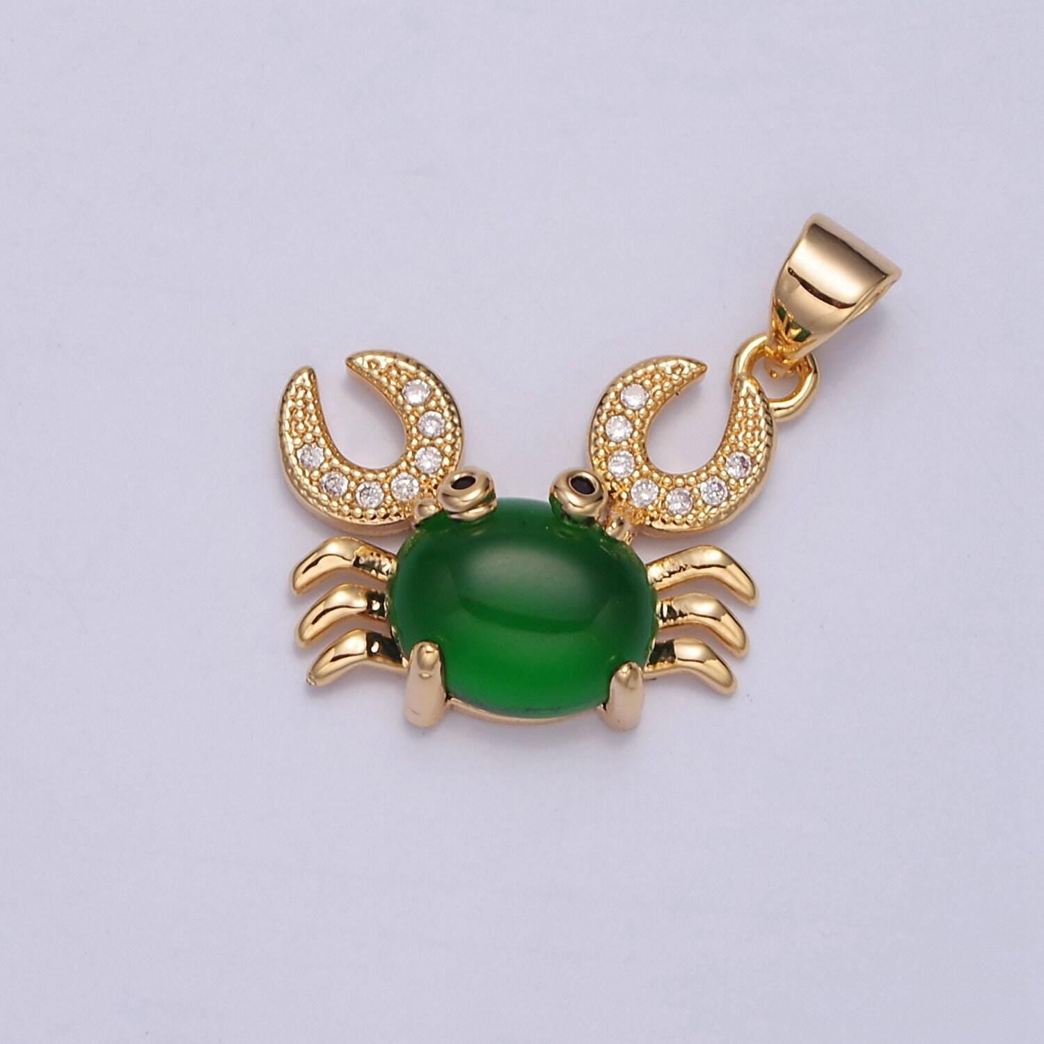 24k gold filled crab pendant, micro pave crab claws & oval green stone, sea wildlife crustaceans pendant for diy jewelry making, j-599