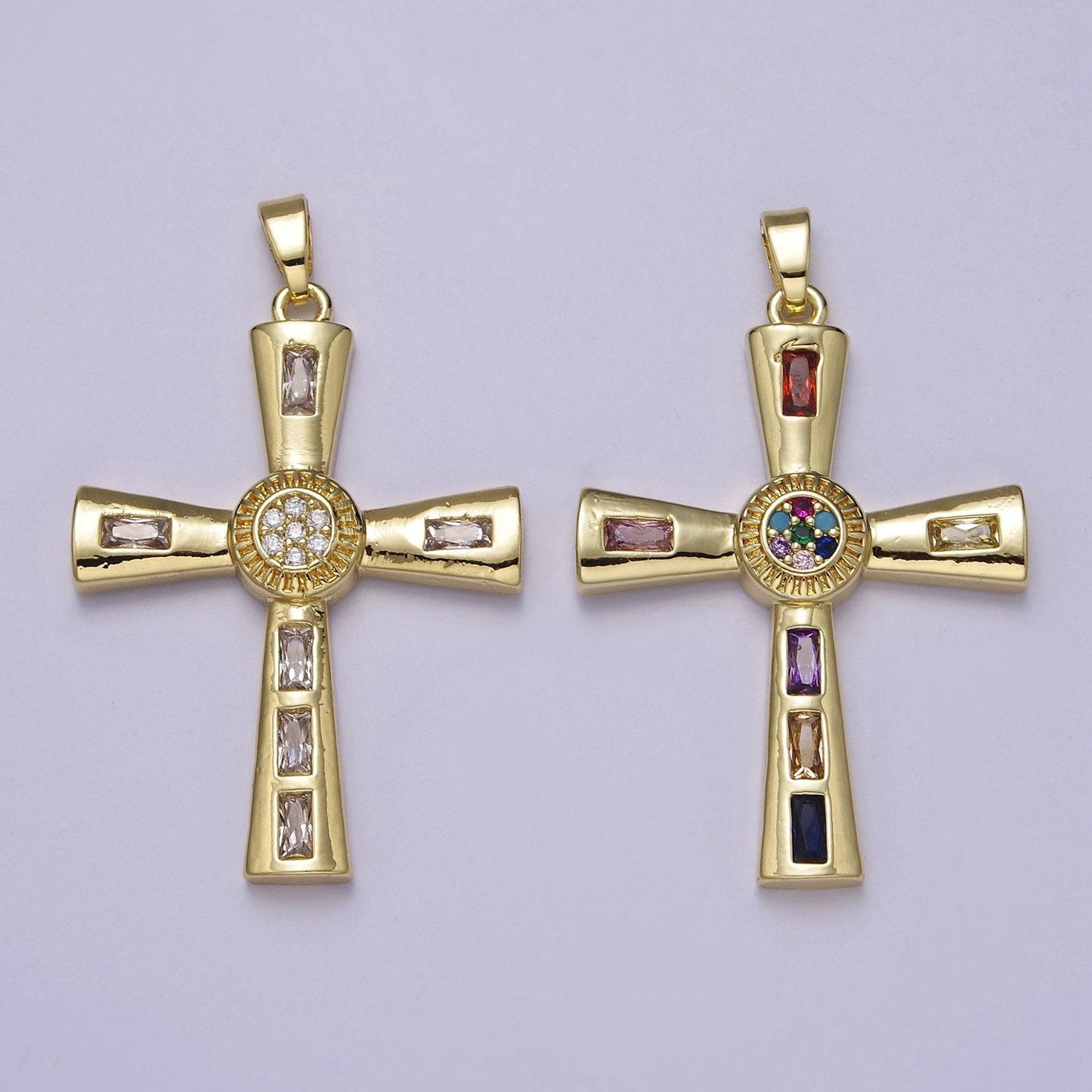 Gold multicolor/clear baguette cubic zirconia cz religious cross pendant charm for jewelry necklace making, j-593 j-594