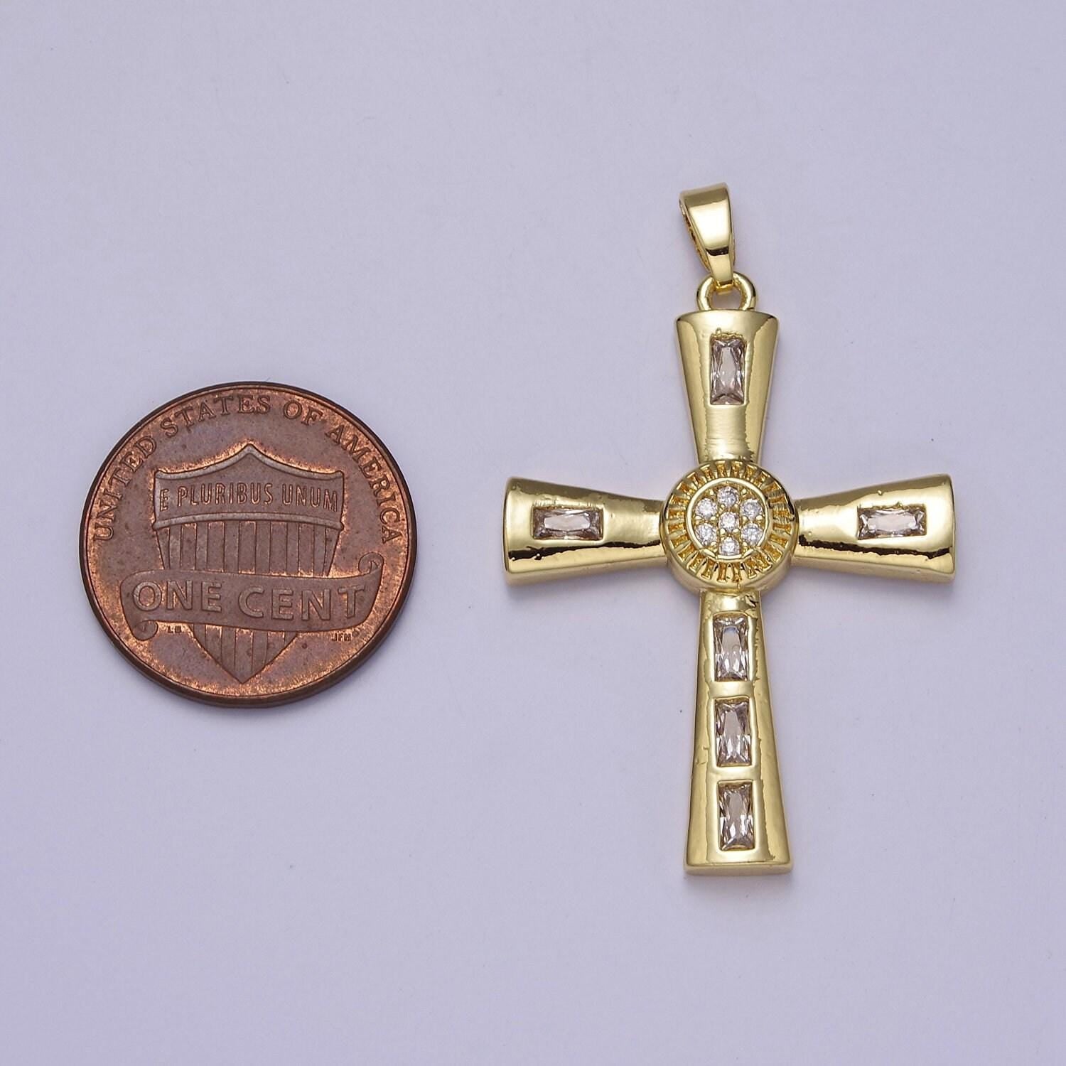 Gold multicolor/clear baguette cubic zirconia cz religious cross pendant charm for jewelry necklace making, j-593 j-594