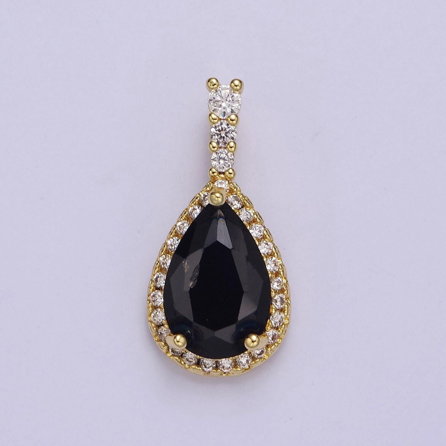Gold micro pave teardrop pink, clear, black cubic zirconia cz pendant charm for jewelry necklace making, j-562