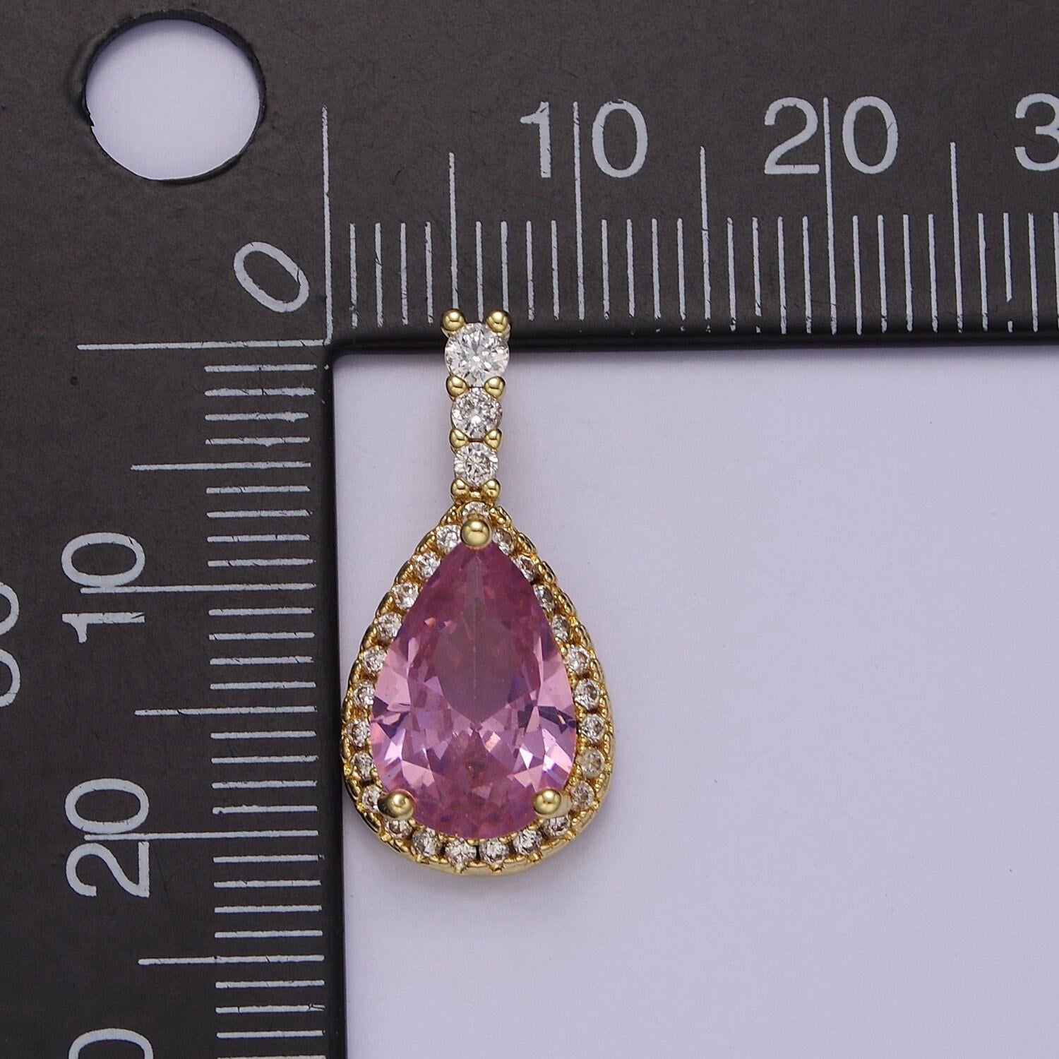 Gold micro pave teardrop pink, clear, black cubic zirconia cz pendant charm for jewelry necklace making, j-562