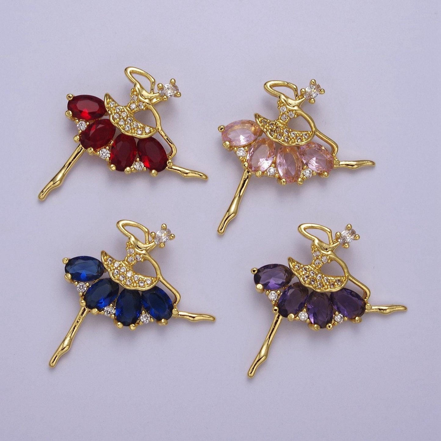 Gold ballerina dancer with tutu cubic zirconia, sport ballet pendant charm for jewelry necklace making, j-550