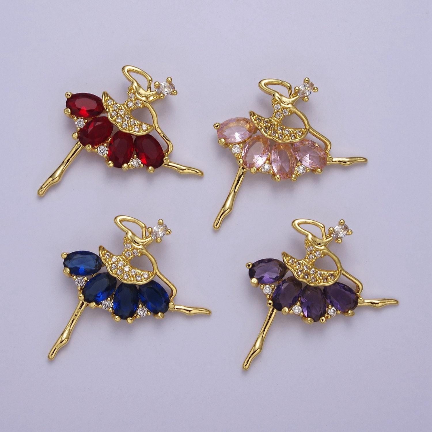 Gold ballerina dancer with tutu cubic zirconia, sport ballet pendant charm for jewelry necklace making, j-550