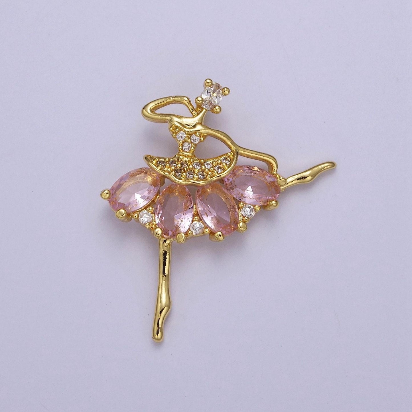 Gold ballerina dancer with tutu cubic zirconia, sport ballet pendant charm for jewelry necklace making, j-550