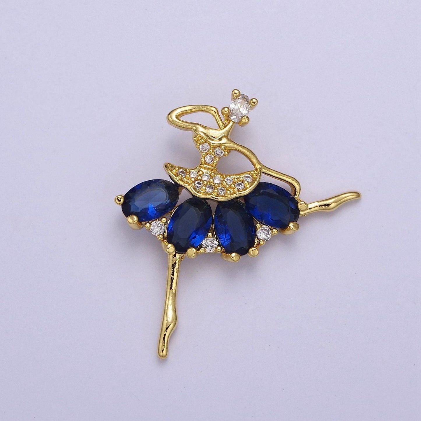 Gold ballerina dancer with tutu cubic zirconia, sport ballet pendant charm for jewelry necklace making, j-550