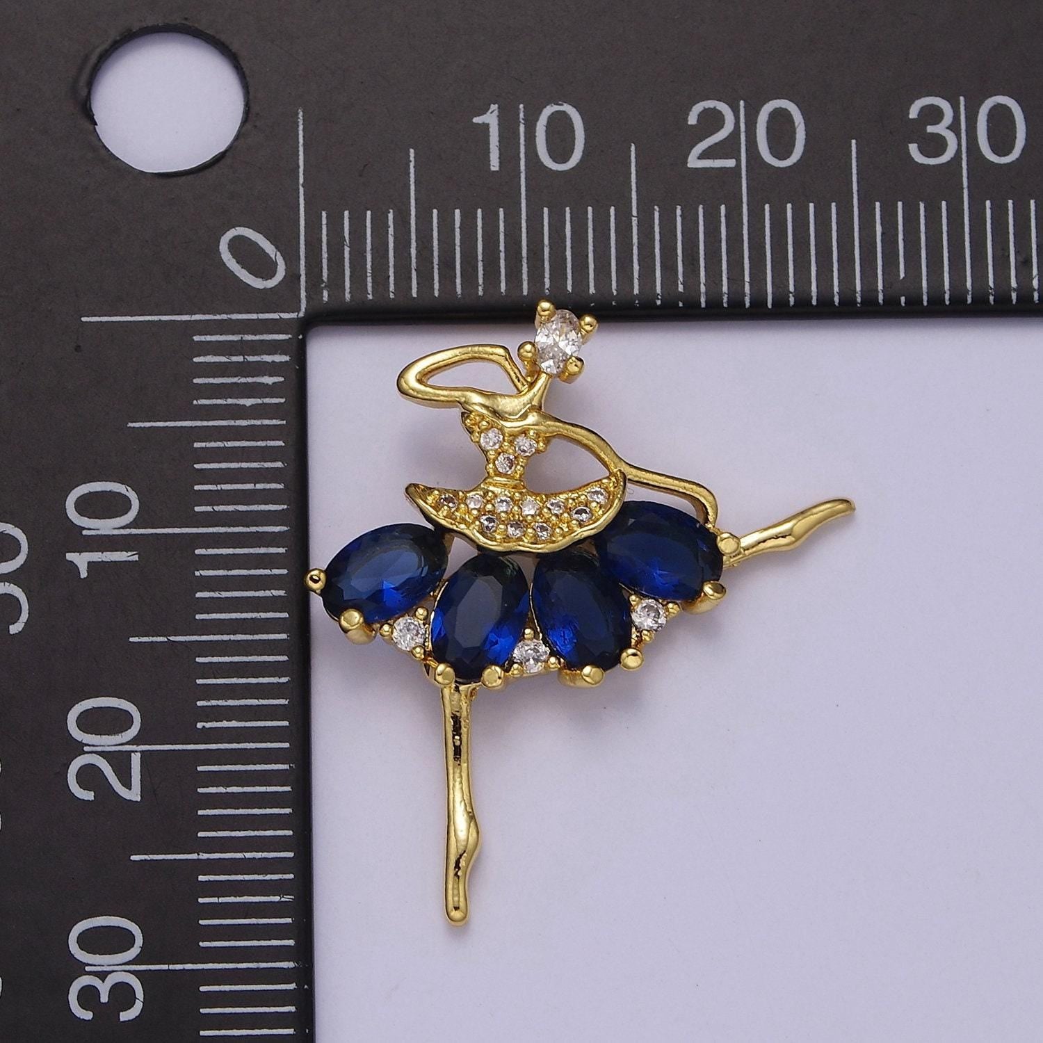 Gold ballerina dancer with tutu cubic zirconia, sport ballet pendant charm for jewelry necklace making, j-550