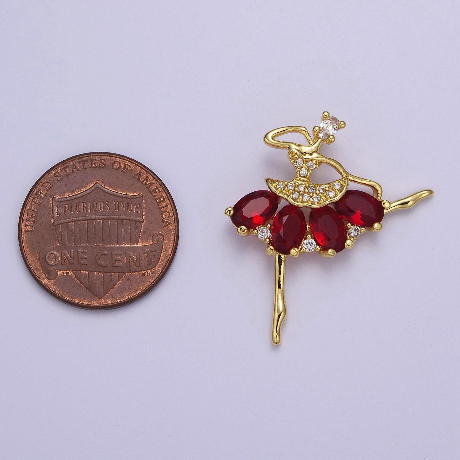 Gold ballerina dancer with tutu cubic zirconia, sport ballet pendant charm for jewelry necklace making, j-550