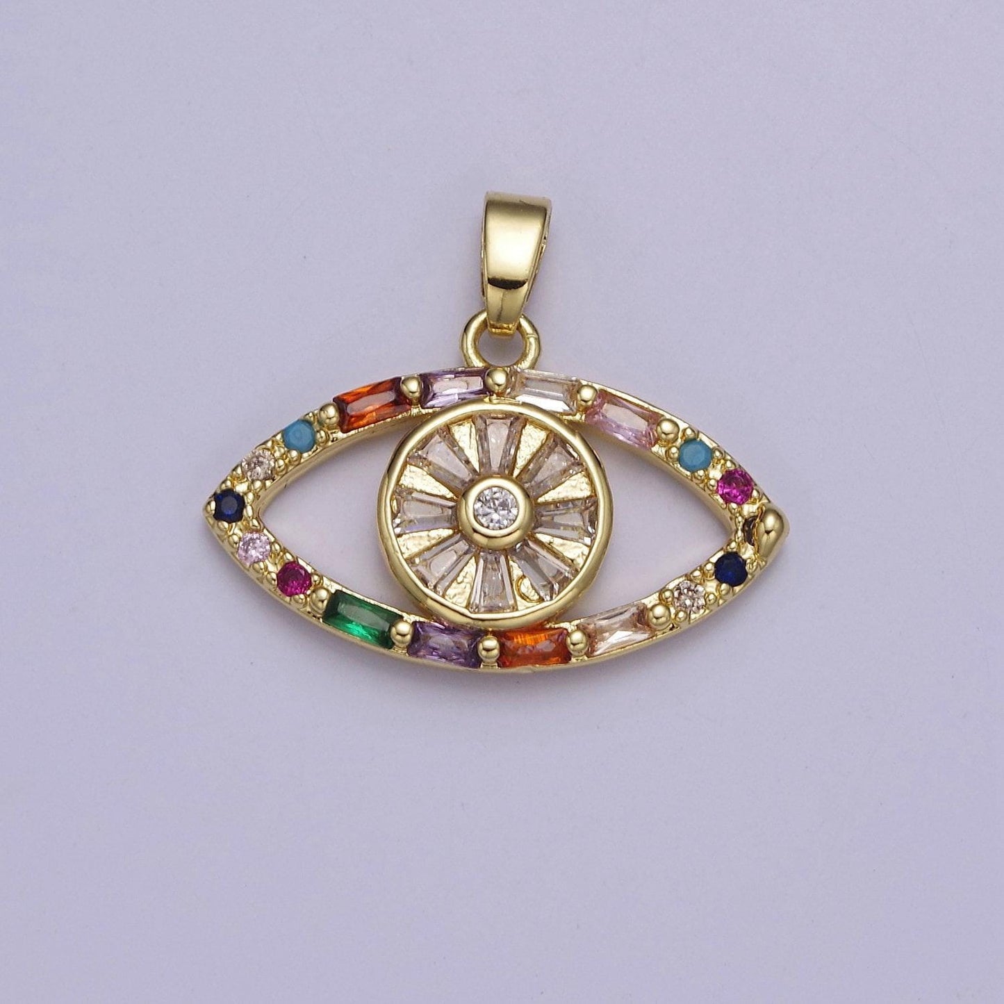 Gold evil eye pendant, micro pave multicolor baguette round cubic zirconia eye of ra protection pendant for jewelry making, j-523