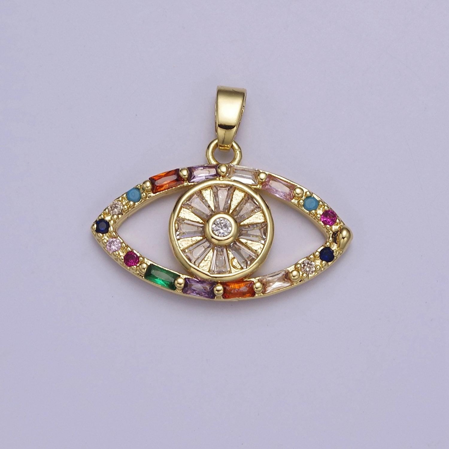 Gold evil eye pendant, micro pave multicolor baguette round cubic zirconia eye of ra protection pendant for jewelry making, j-523