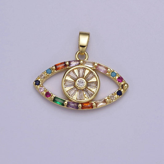 Gold evil eye pendant, micro pave multicolor baguette round cubic zirconia eye of ra protection pendant for jewelry making, j-523