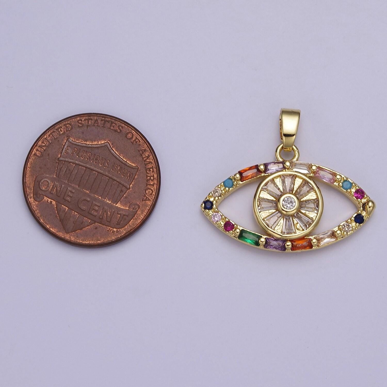 Gold evil eye pendant, micro pave multicolor baguette round cubic zirconia eye of ra protection pendant for jewelry making, j-523