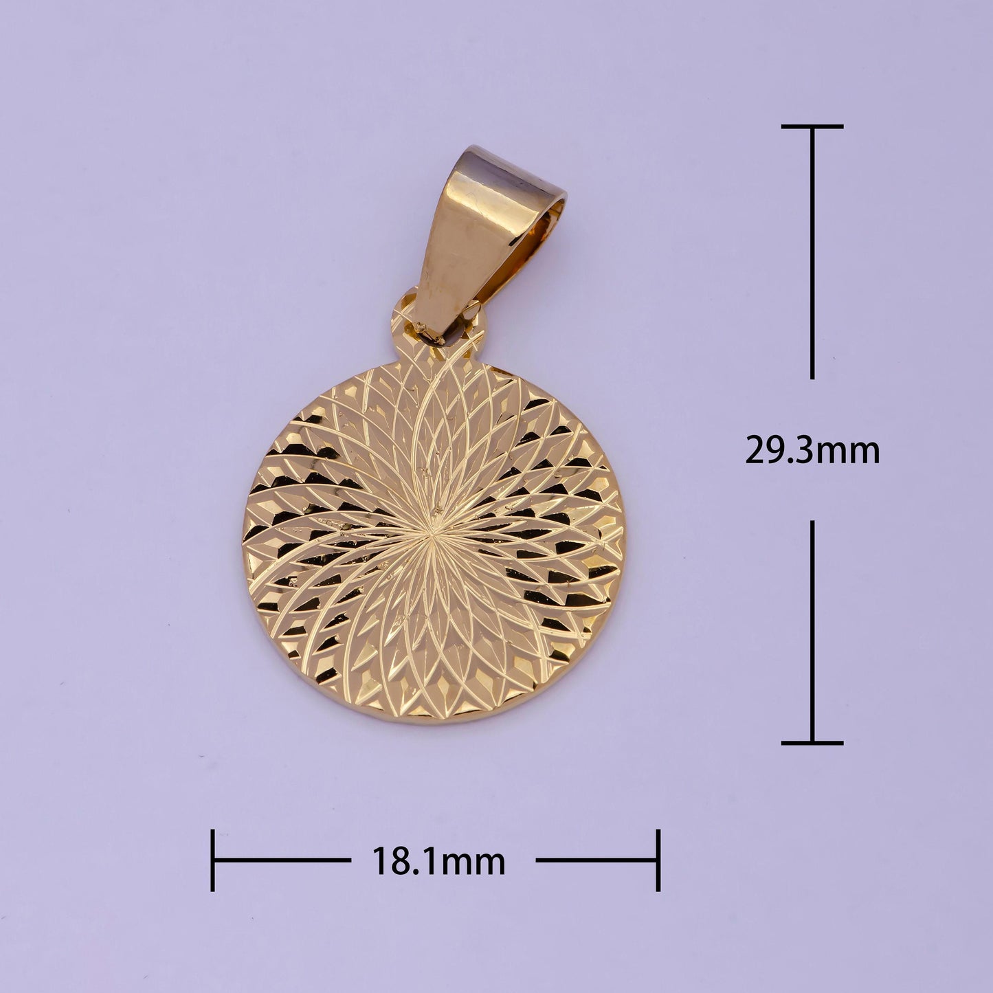 Gold art deco coin pendant, 24k gold plated geometric sunburst round medallion charm | j-503