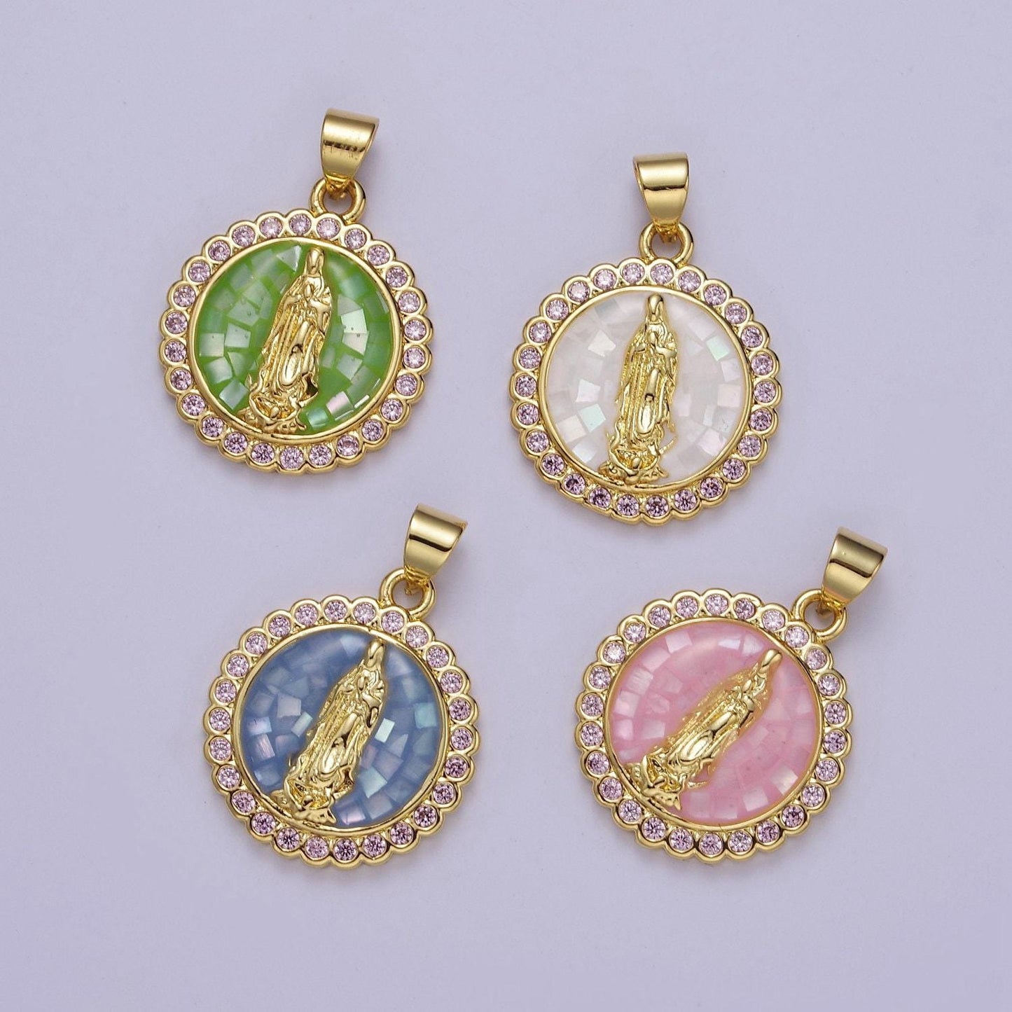 Pink opal lady guadalupe charm for necklace, dainty coin virgin mary pendant for religious jewelry making supply in gold filled j-494