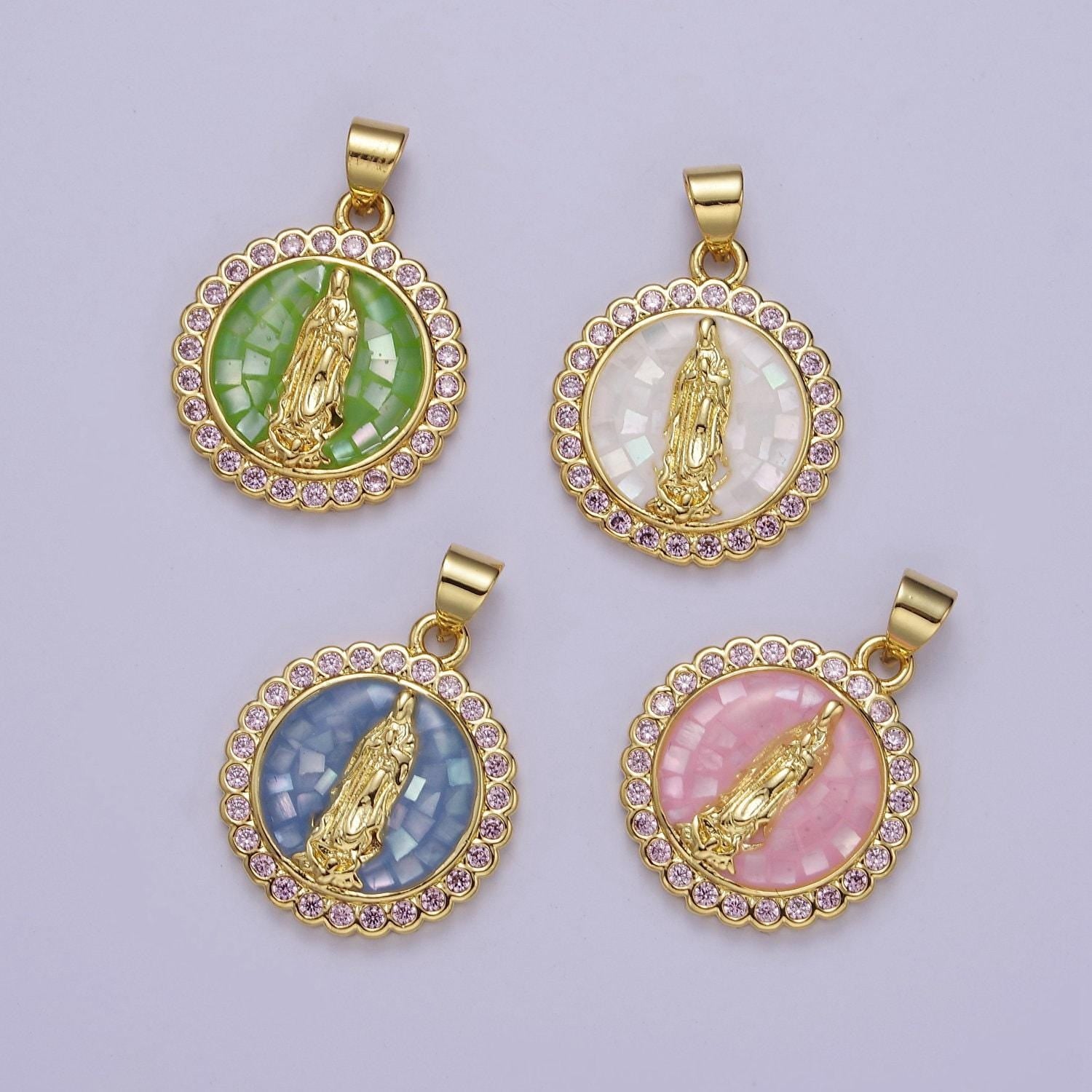 Pink opal lady guadalupe charm for necklace, dainty coin virgin mary pendant for religious jewelry making supply in gold filled j-494