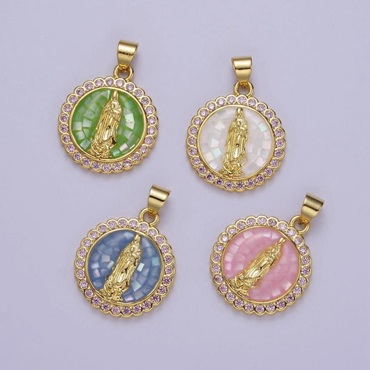 Pink opal lady guadalupe charm for necklace, dainty coin virgin mary pendant for religious jewelry making supply in gold filled j-494