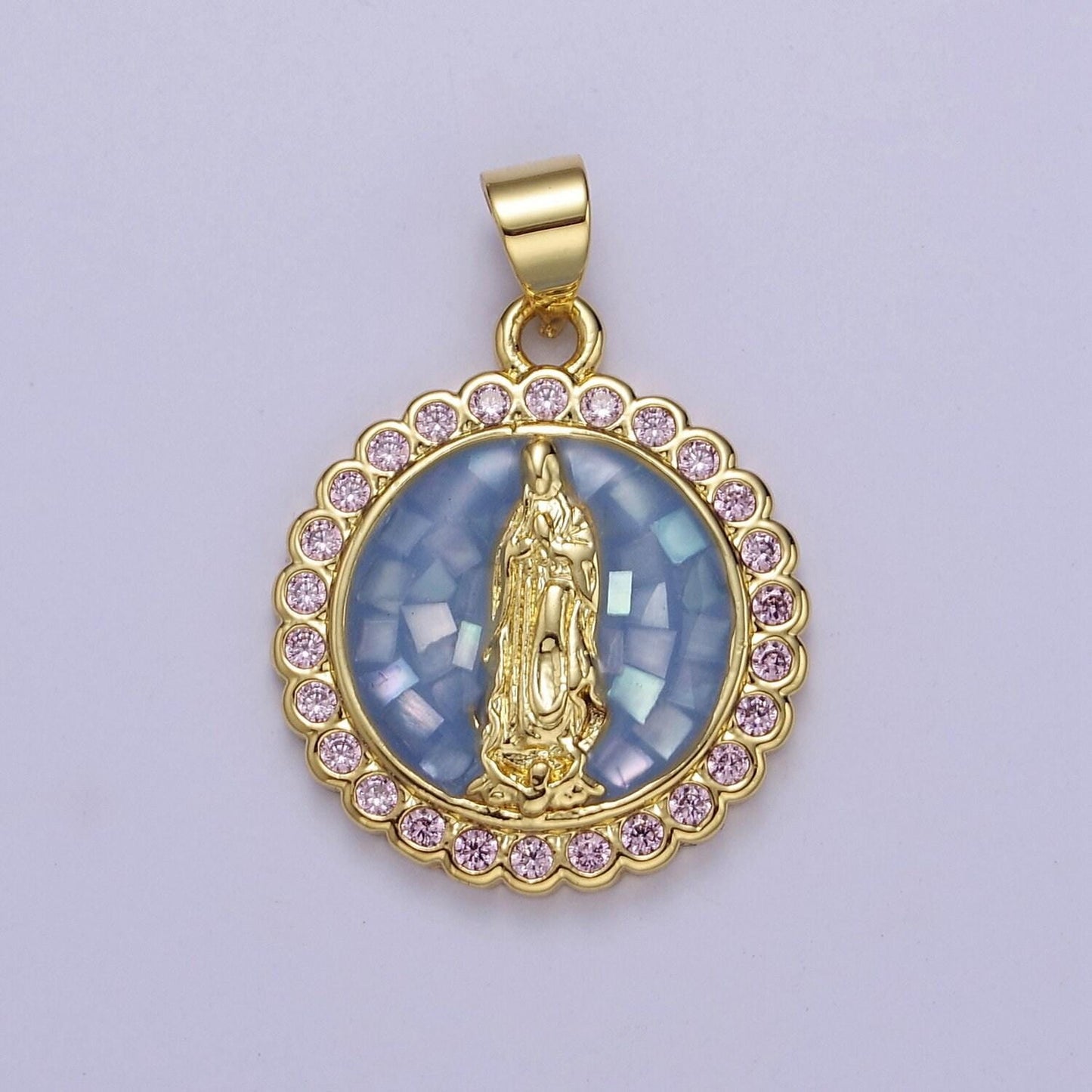 Pink opal lady guadalupe charm for necklace, dainty coin virgin mary pendant for religious jewelry making supply in gold filled j-494
