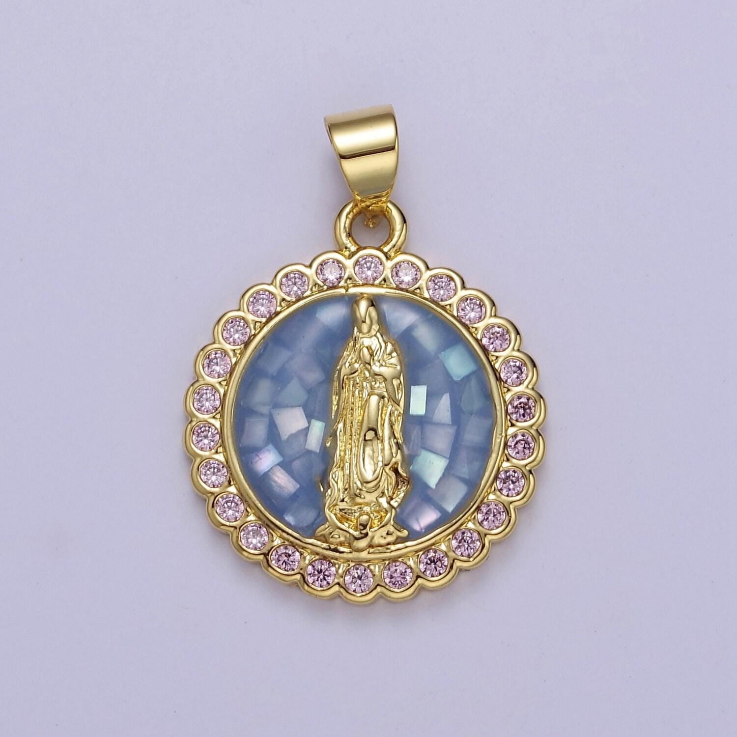 Pink opal lady guadalupe charm for necklace, dainty coin virgin mary pendant for religious jewelry making supply in gold filled j-494