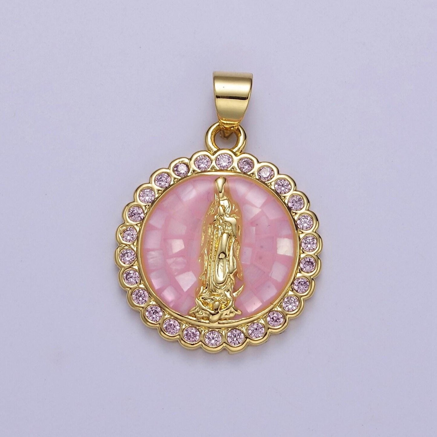 Pink opal lady guadalupe charm for necklace, dainty coin virgin mary pendant for religious jewelry making supply in gold filled j-494