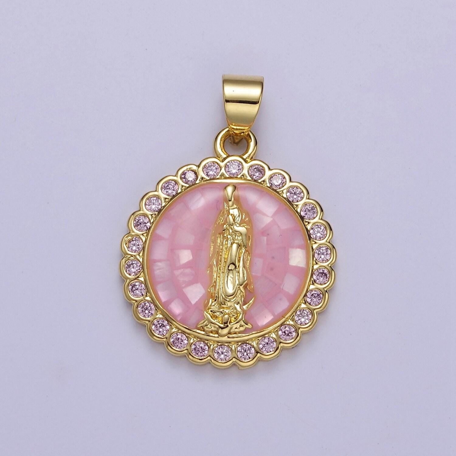 Pink opal lady guadalupe charm for necklace, dainty coin virgin mary pendant for religious jewelry making supply in gold filled j-494