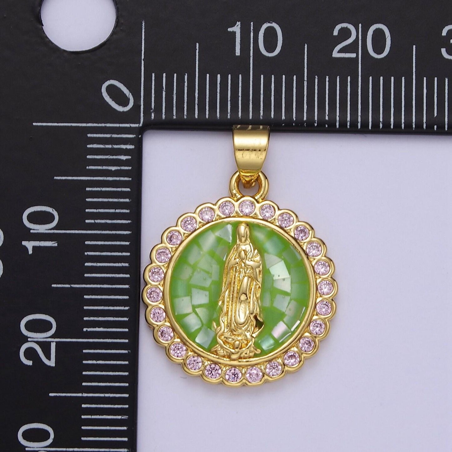 Pink opal lady guadalupe charm for necklace, dainty coin virgin mary pendant for religious jewelry making supply in gold filled j-494