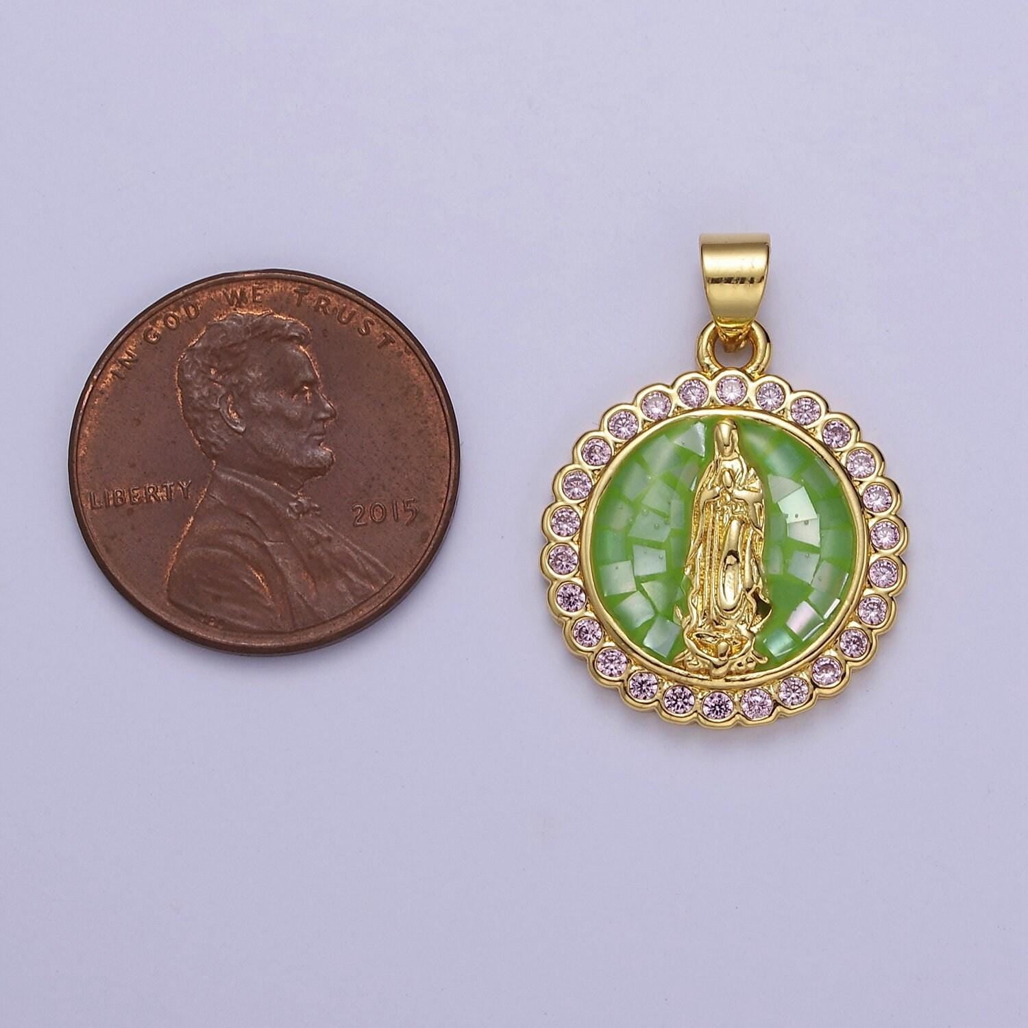 Pink opal lady guadalupe charm for necklace, dainty coin virgin mary pendant for religious jewelry making supply in gold filled j-494