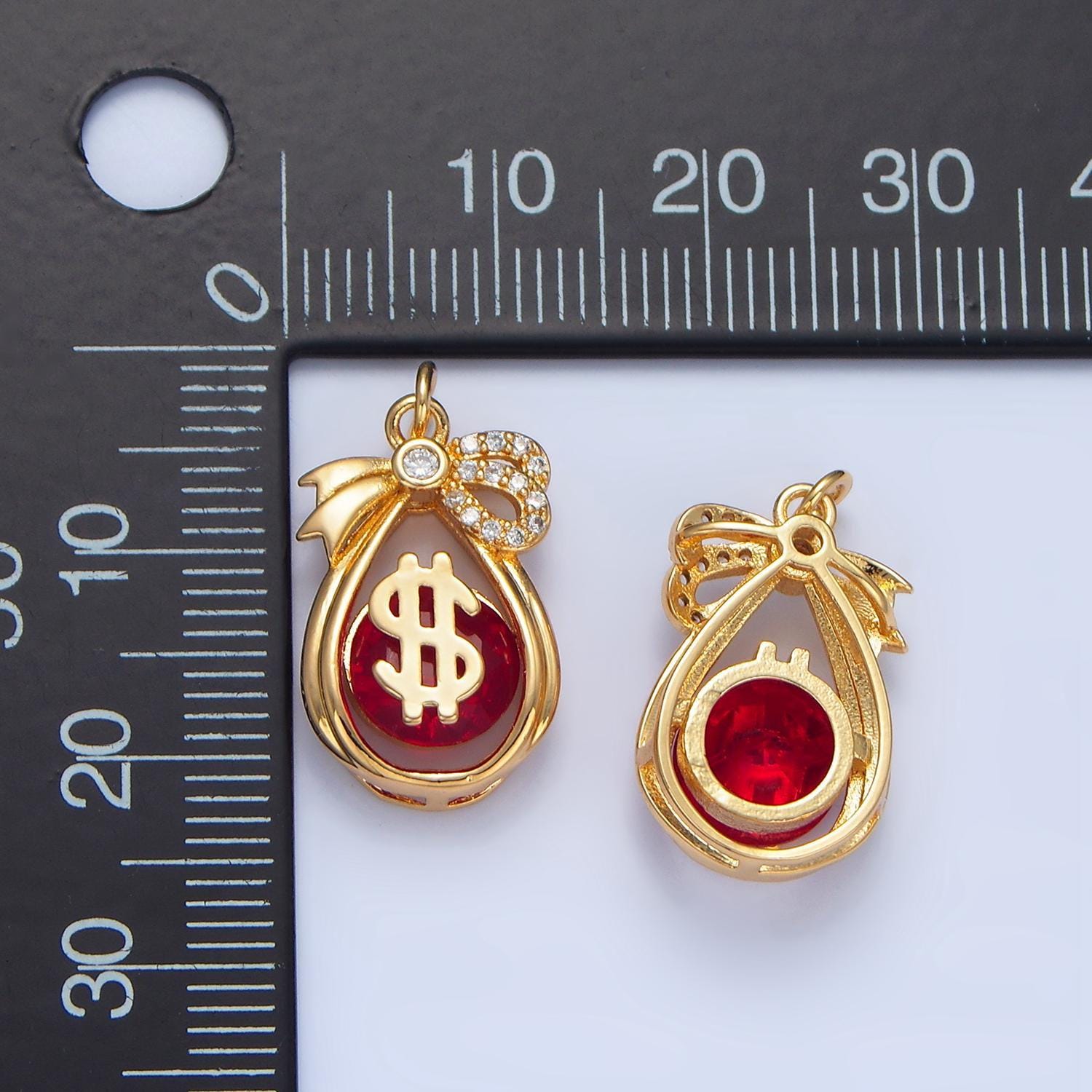 Red cz micro paved 24k gold filled open teardrop money bag charm | w-083