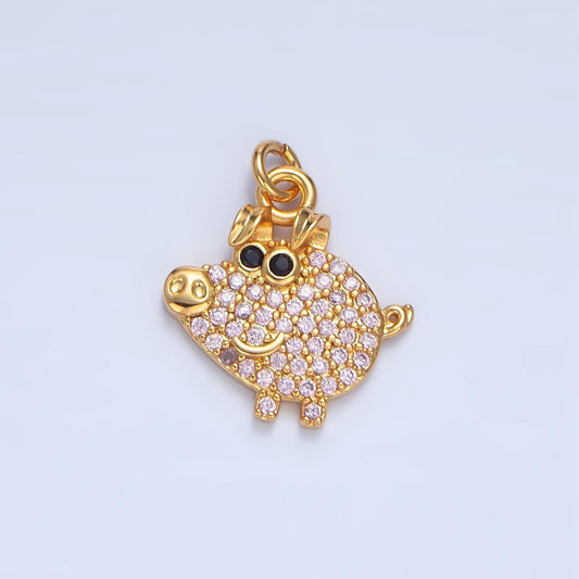 Happy little piggy cz paved 24k gold filled animal charm | x-619