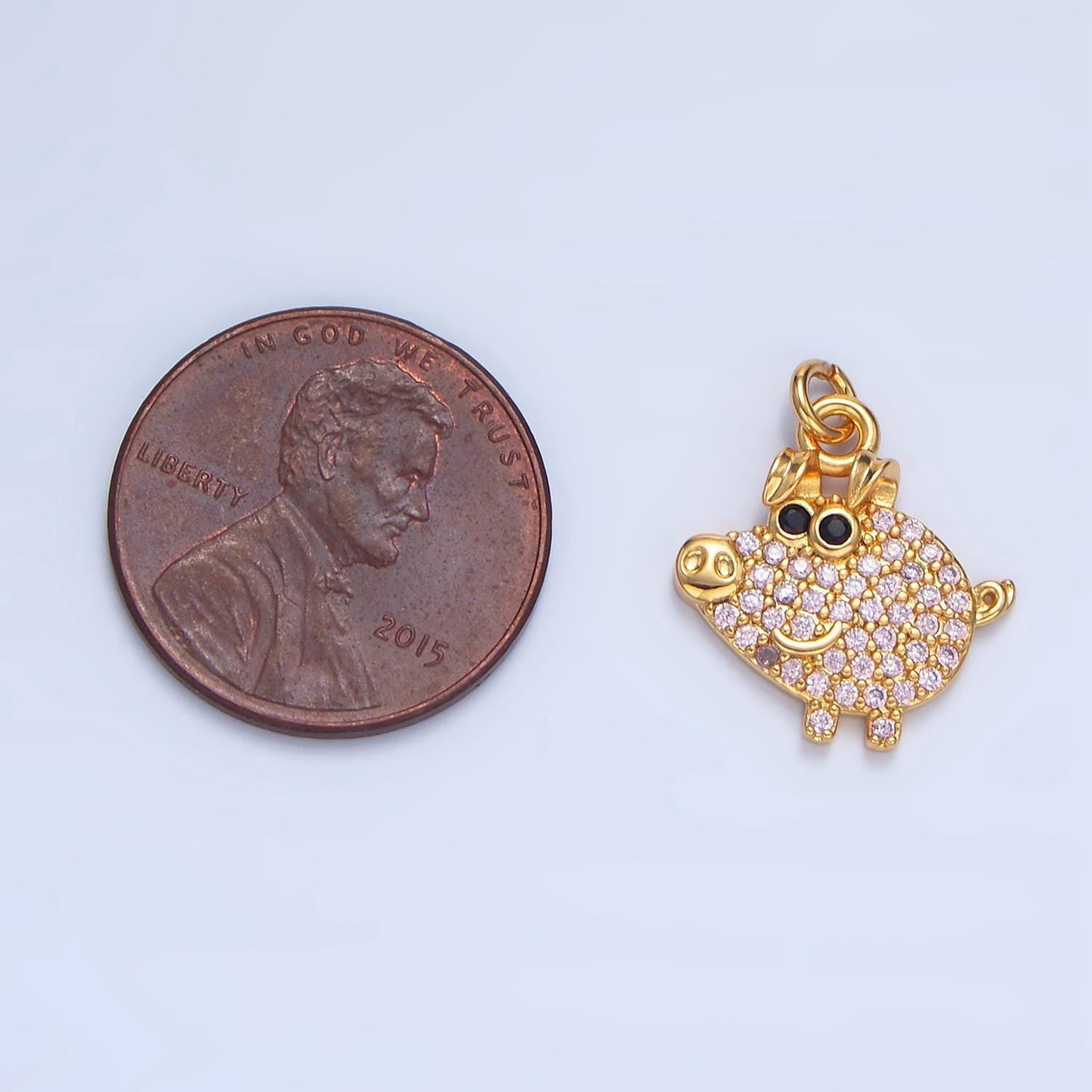 Happy little piggy cz paved 24k gold filled animal charm | x-619