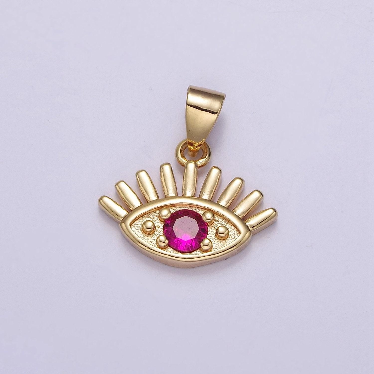 Mini gold evil eye pendant fuschia pink cz stone eye charm j-403